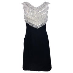 Chic 1960s Black + Silver Metallic Tassel Fringe Bodice Vintage 60s Shift Dress