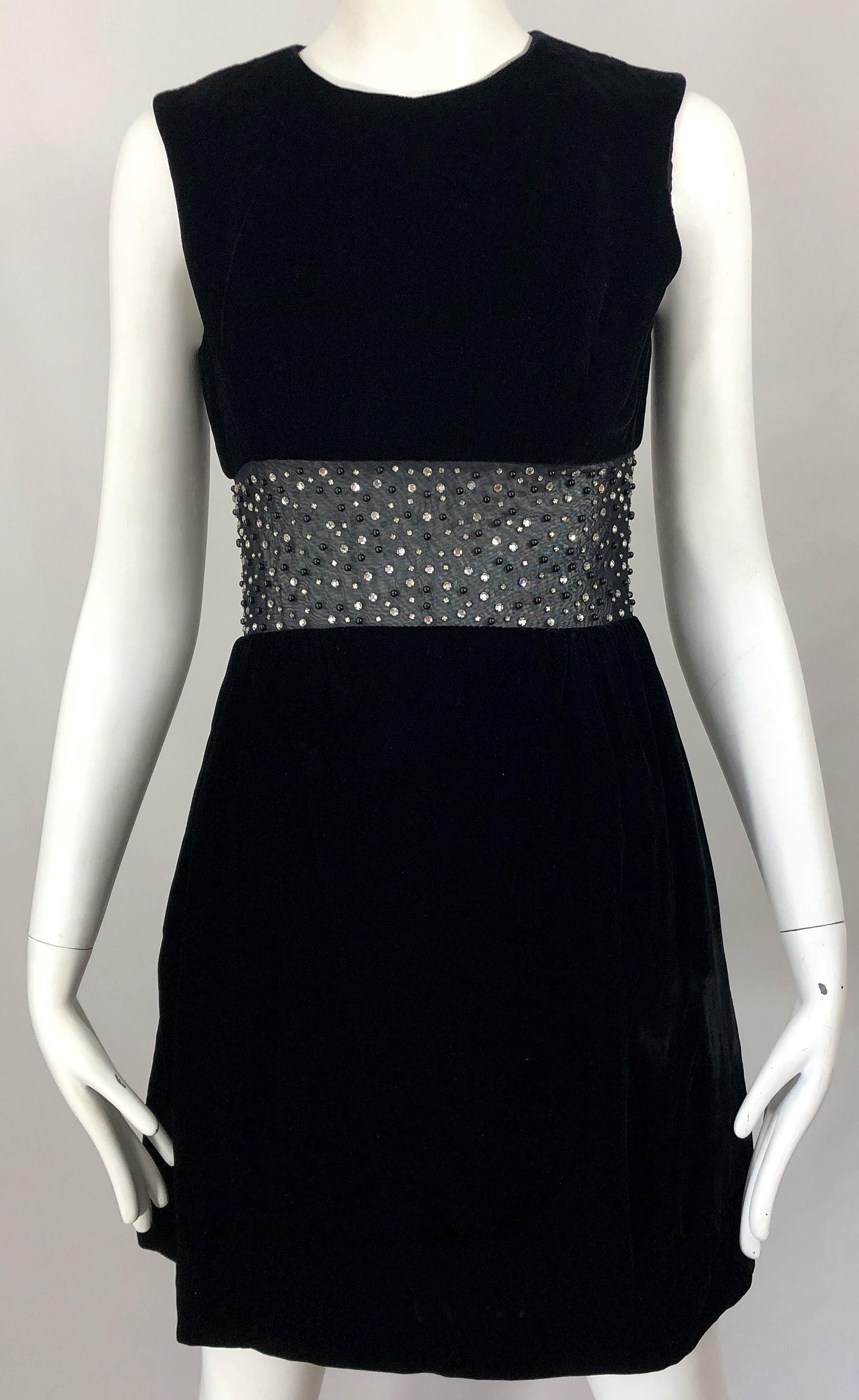 Chic 1960s Black Velvet Cut - Out Rhinestone Beaded Vintage 60s A Line Dress 2