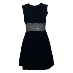 Chic 1960s Black Velvet Cut - Out Rhinestone Beaded Vintage 60s A Line Dress