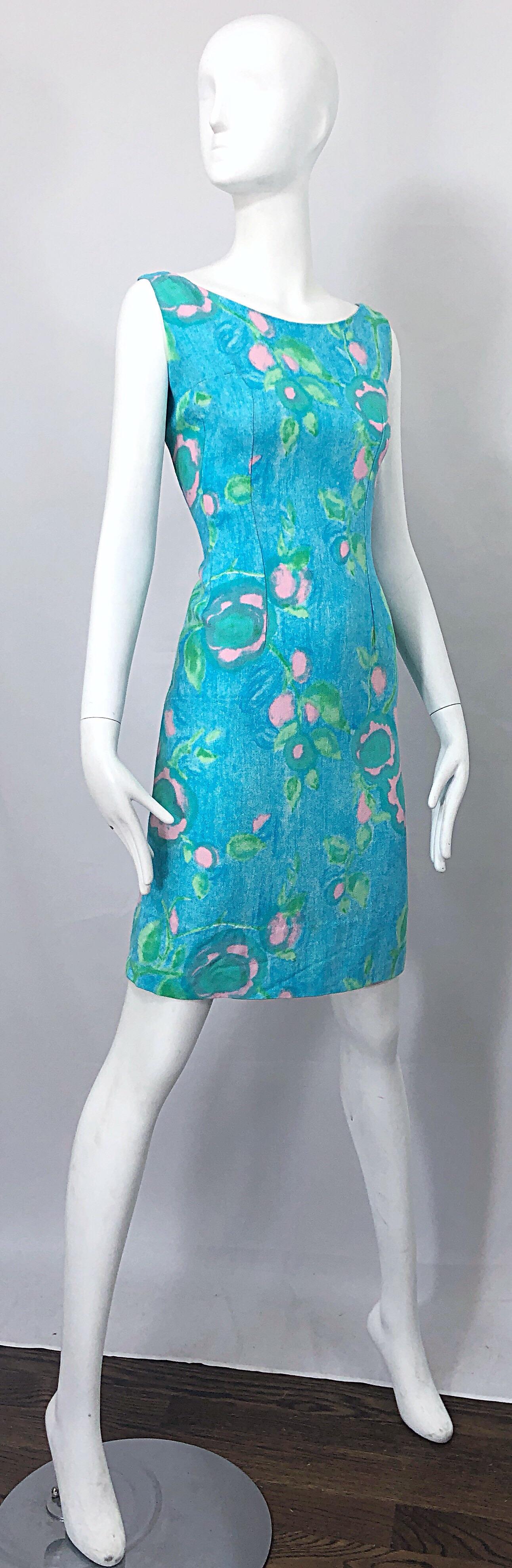 Chic 1960s Blue + Green + Pink Linen Watercolor Vintage 60s Shift Dress For Sale 3