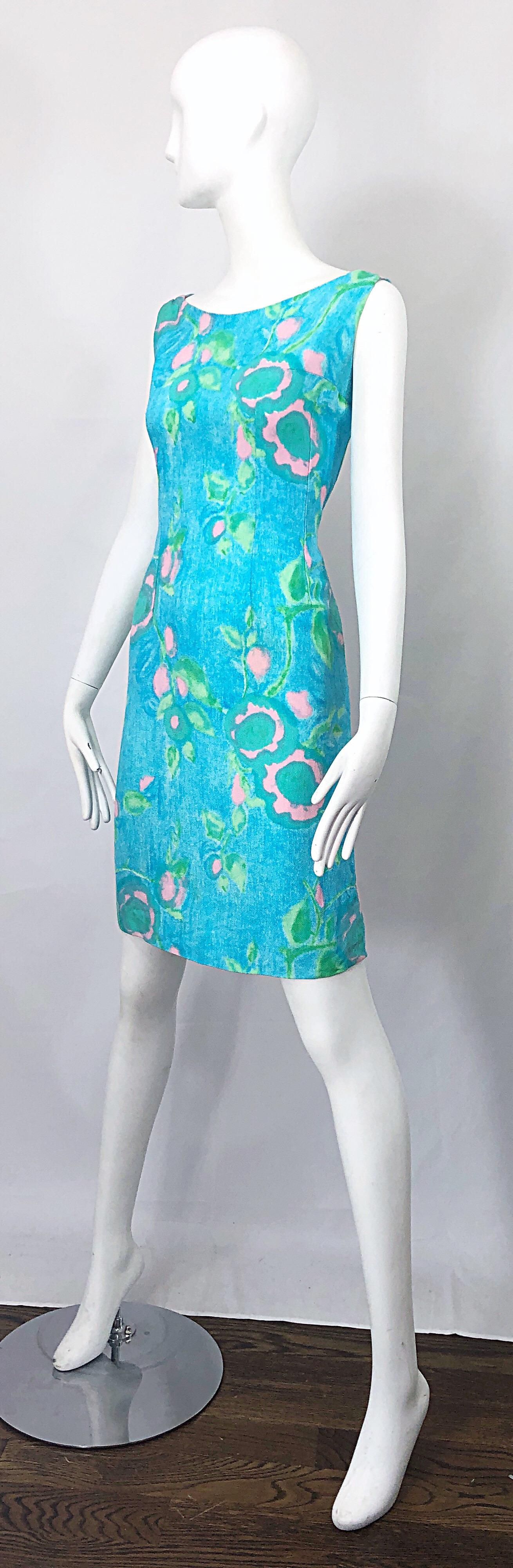 Chic 1960s Blue + Green + Pink Linen Watercolor Vintage 60s Shift Dress For Sale 4