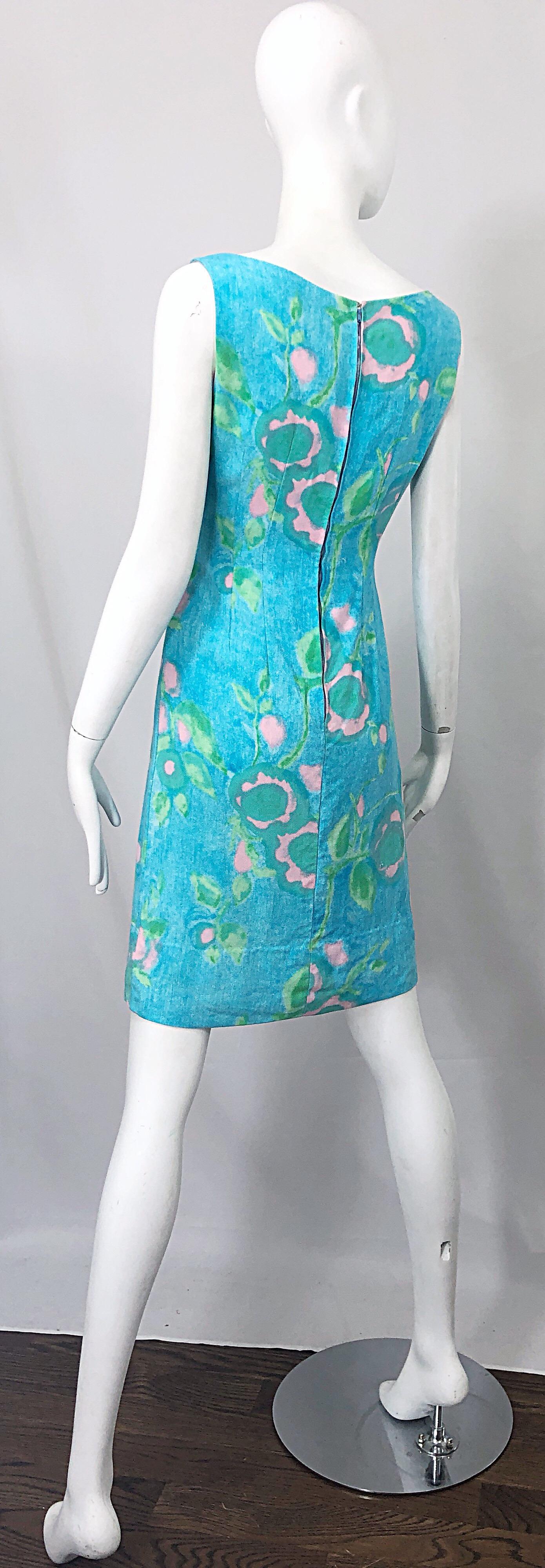 Chic 1960s Blue + Green + Pink Linen Watercolor Vintage 60s Shift Dress For Sale 5