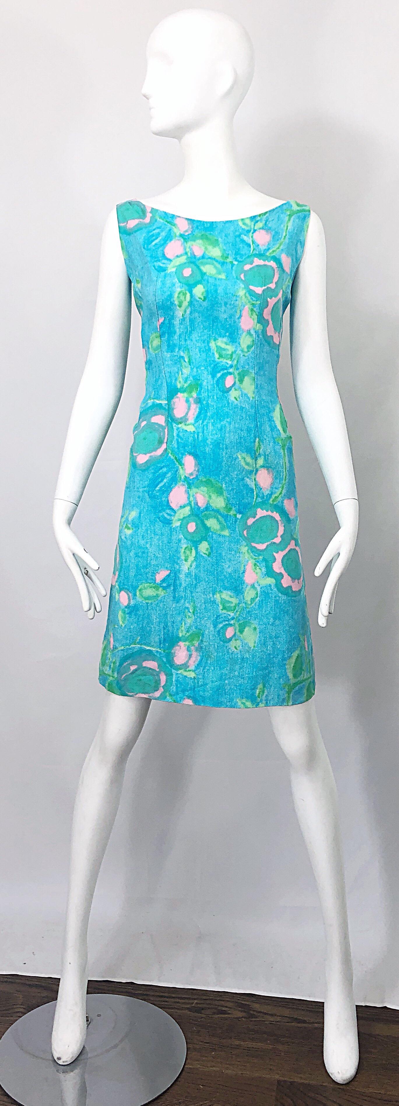 Chic 1960s Blue + Green + Pink Linen Watercolor Vintage 60s Shift Dress For Sale 6