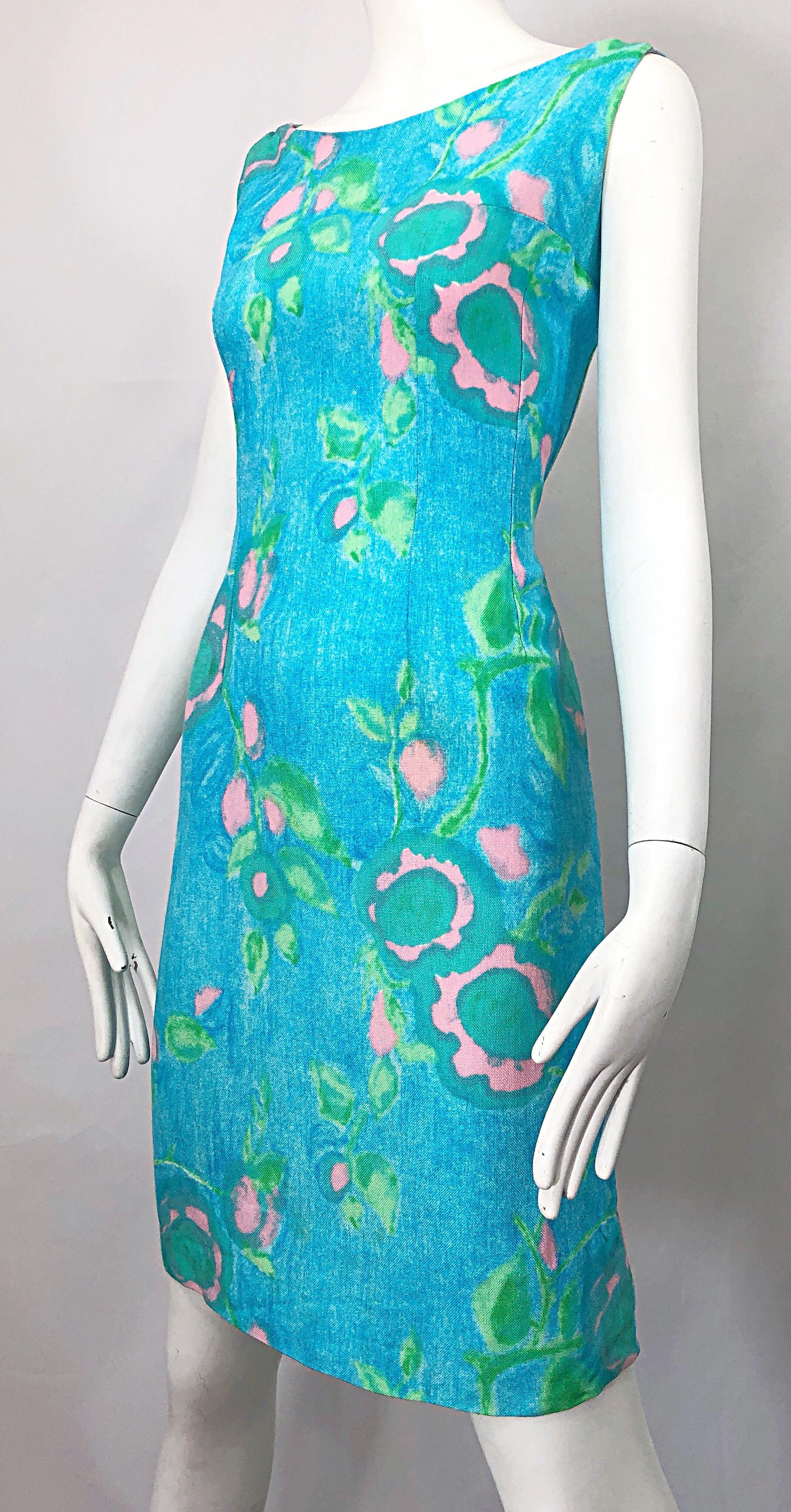 Chic 1960s Blue + Green + Pink Linen Watercolor Vintage 60s Shift Dress In Excellent Condition For Sale In San Diego, CA