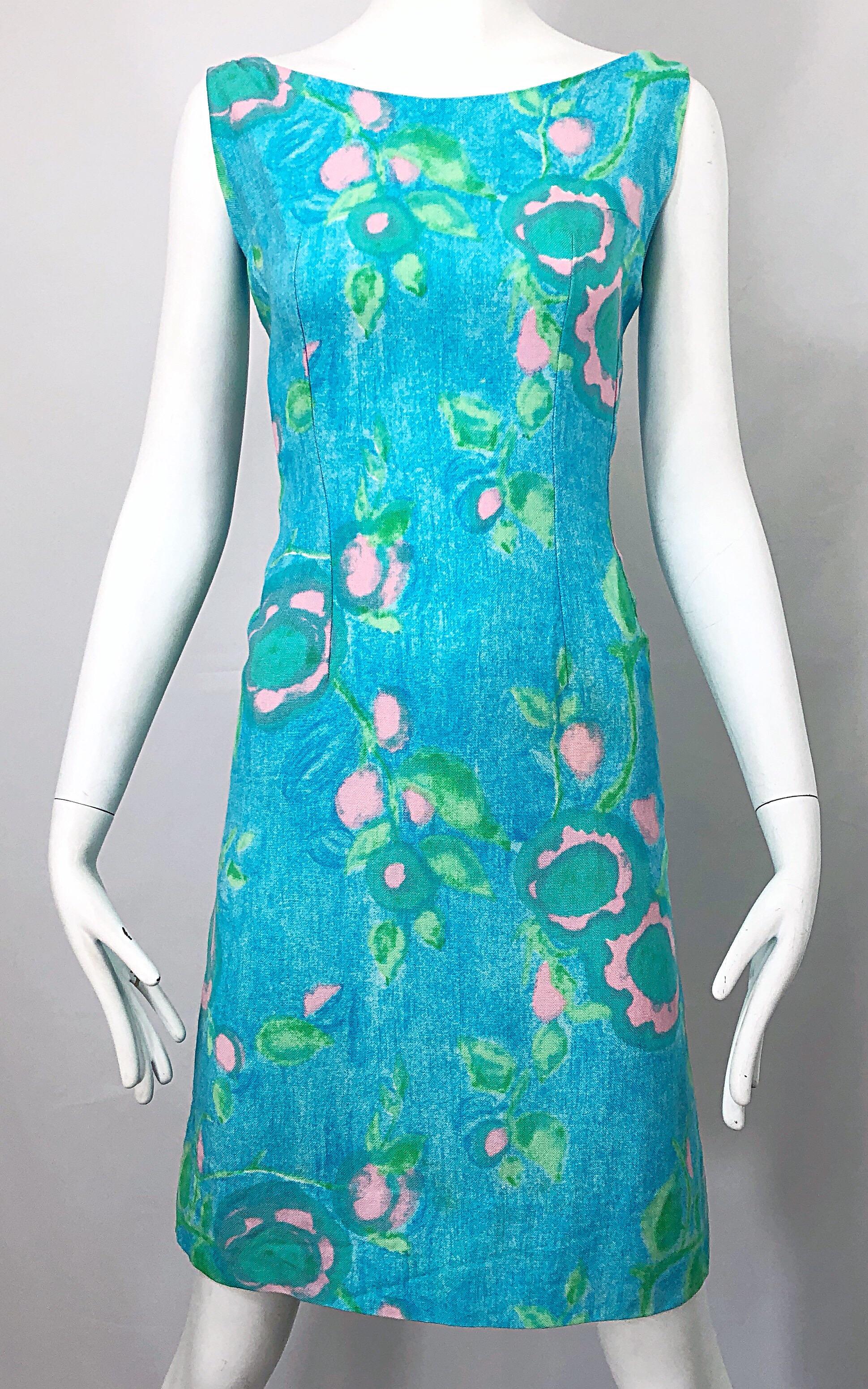 Chic 1960s Blue + Green + Pink Linen Watercolor Vintage 60s Shift Dress For Sale 1