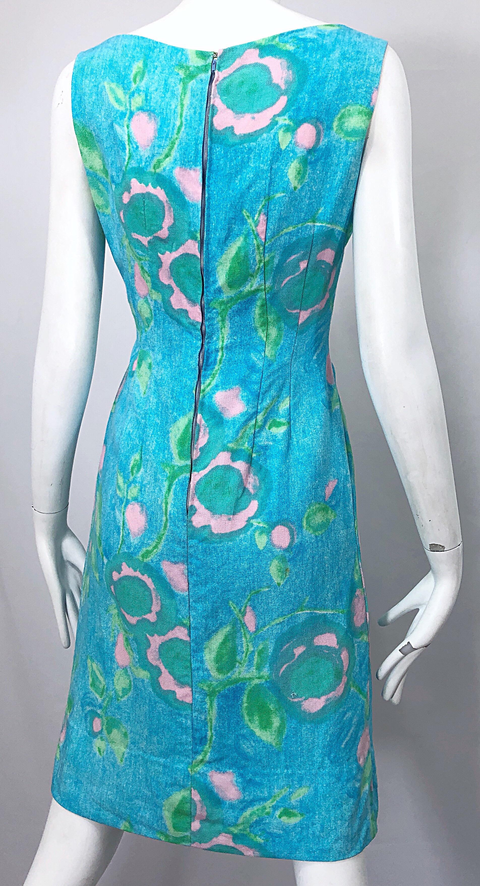 Chic 1960s Blue + Green + Pink Linen Watercolor Vintage 60s Shift Dress For Sale 2