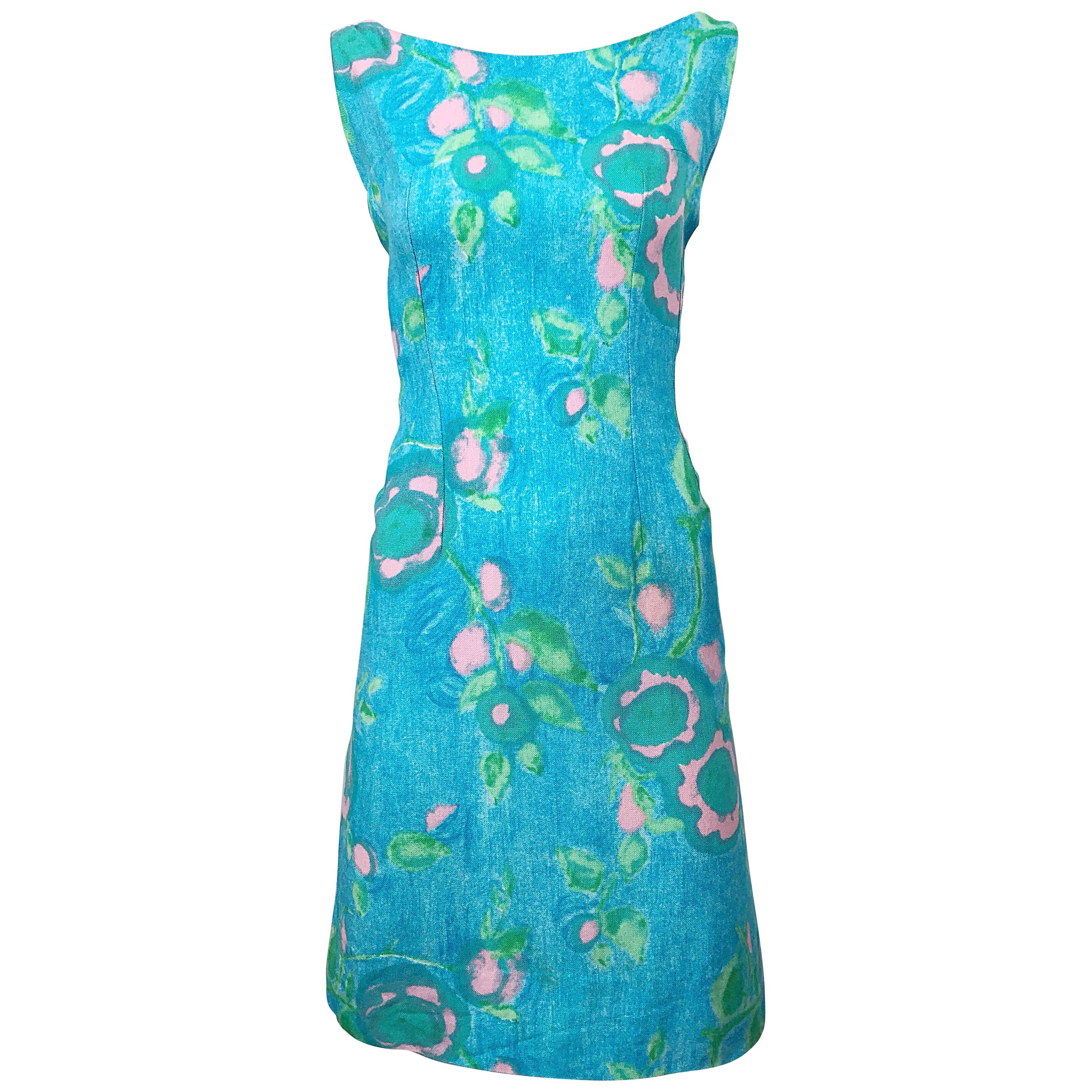 Chic 1960s Blue + Green + Pink Linen Watercolor Vintage 60s Shift Dress For Sale
