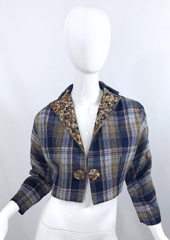 Chic 1960s Blue Plaid + Flowers Wool and Silk Space Age Cropped Bolero Jacket