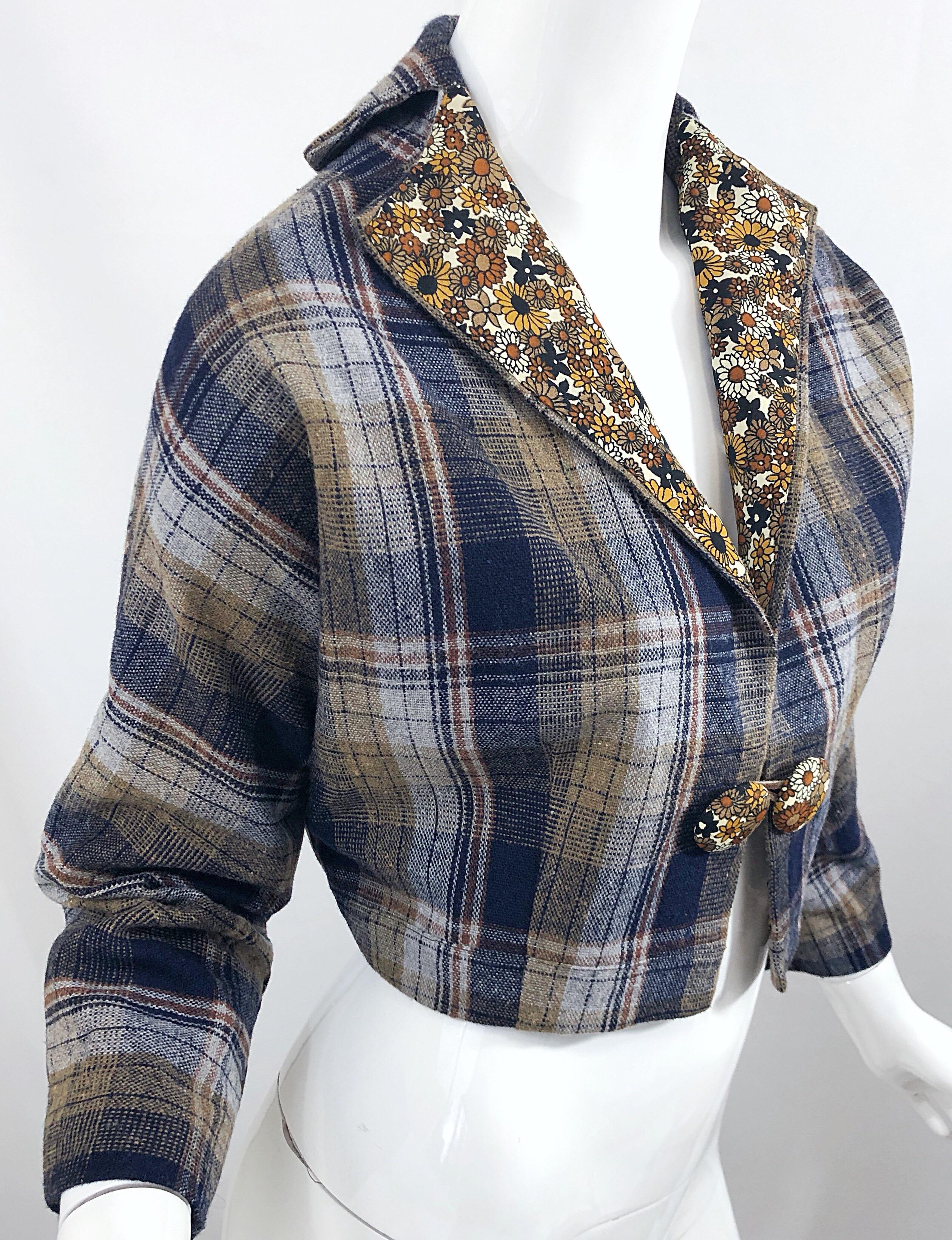 Chic 1960s Blue Plaid + Flowers Wool and Silk Space Age Cropped Bolero Jacket For Sale 1
