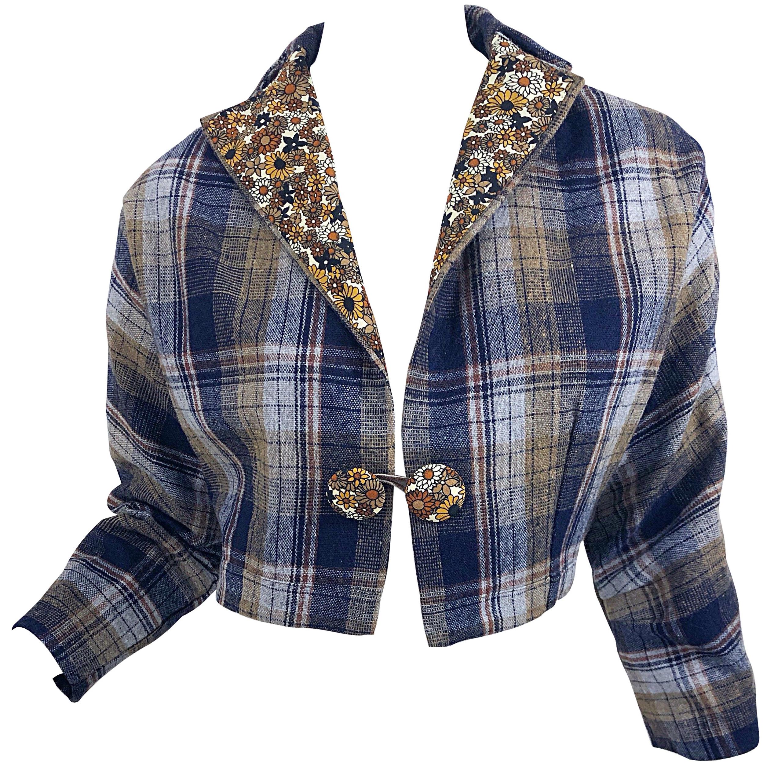 Chic 1960s Blue Plaid + Flowers Wool and Silk Space Age Cropped Bolero Jacket For Sale