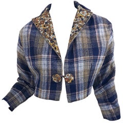 Chic 1960s Blue Plaid + Flowers Wool and Silk Space Age Cropped Bolero Jacket