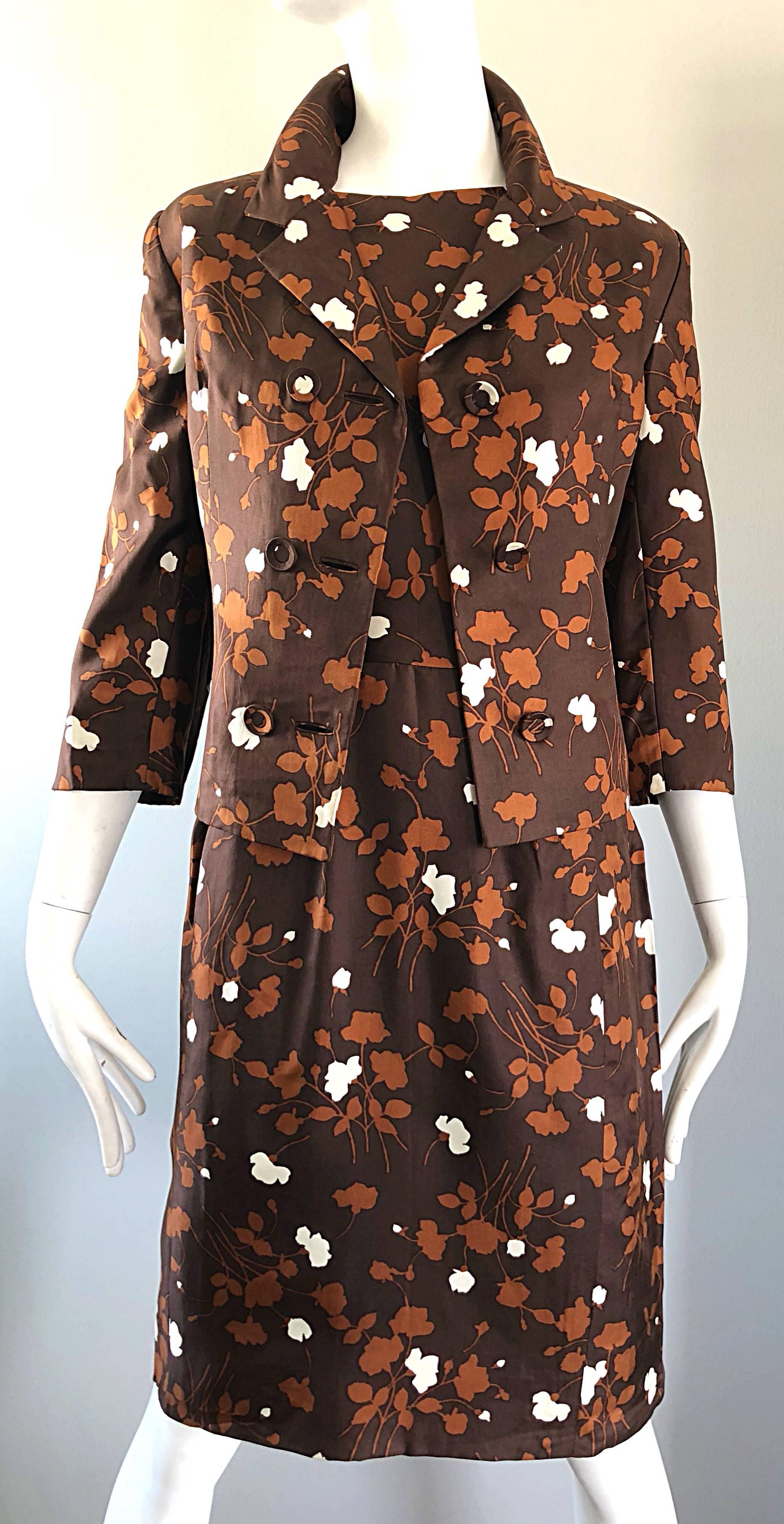 1960s Brown + Rust Chic Silk Dress and 3/4 Sleeves Jacket Vintage 60s Suit Set For Sale 6