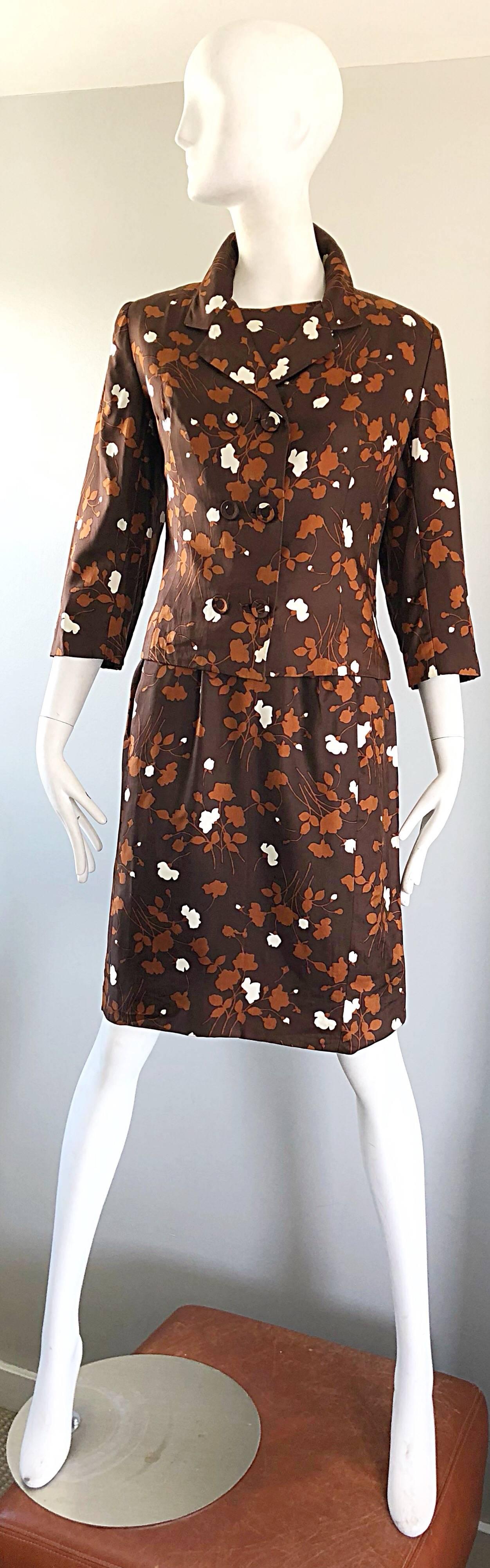 1960s Brown + Rust Chic Silk Dress and 3/4 Sleeves Jacket Vintage 60s Suit Set For Sale 14