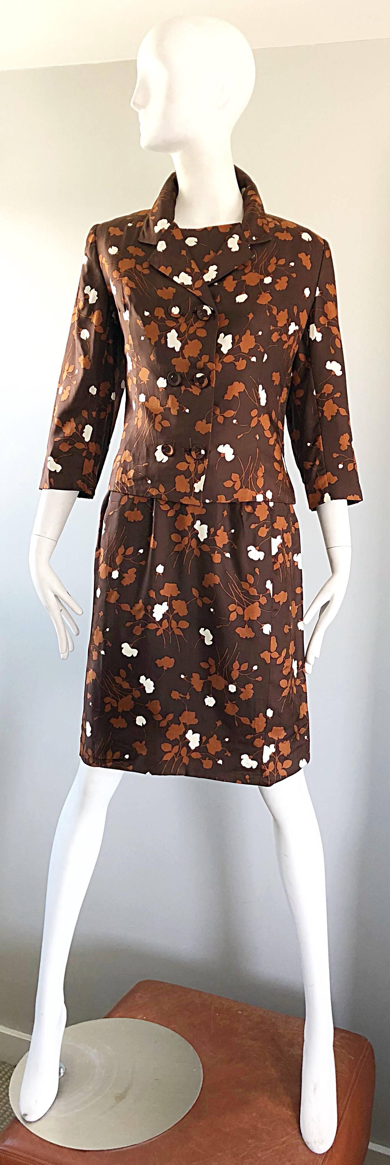 1960s Brown + Rust Chic Silk Dress and 3/4 Sleeves Jacket Vintage 60s Suit Set In Excellent Condition For Sale In San Diego, CA
