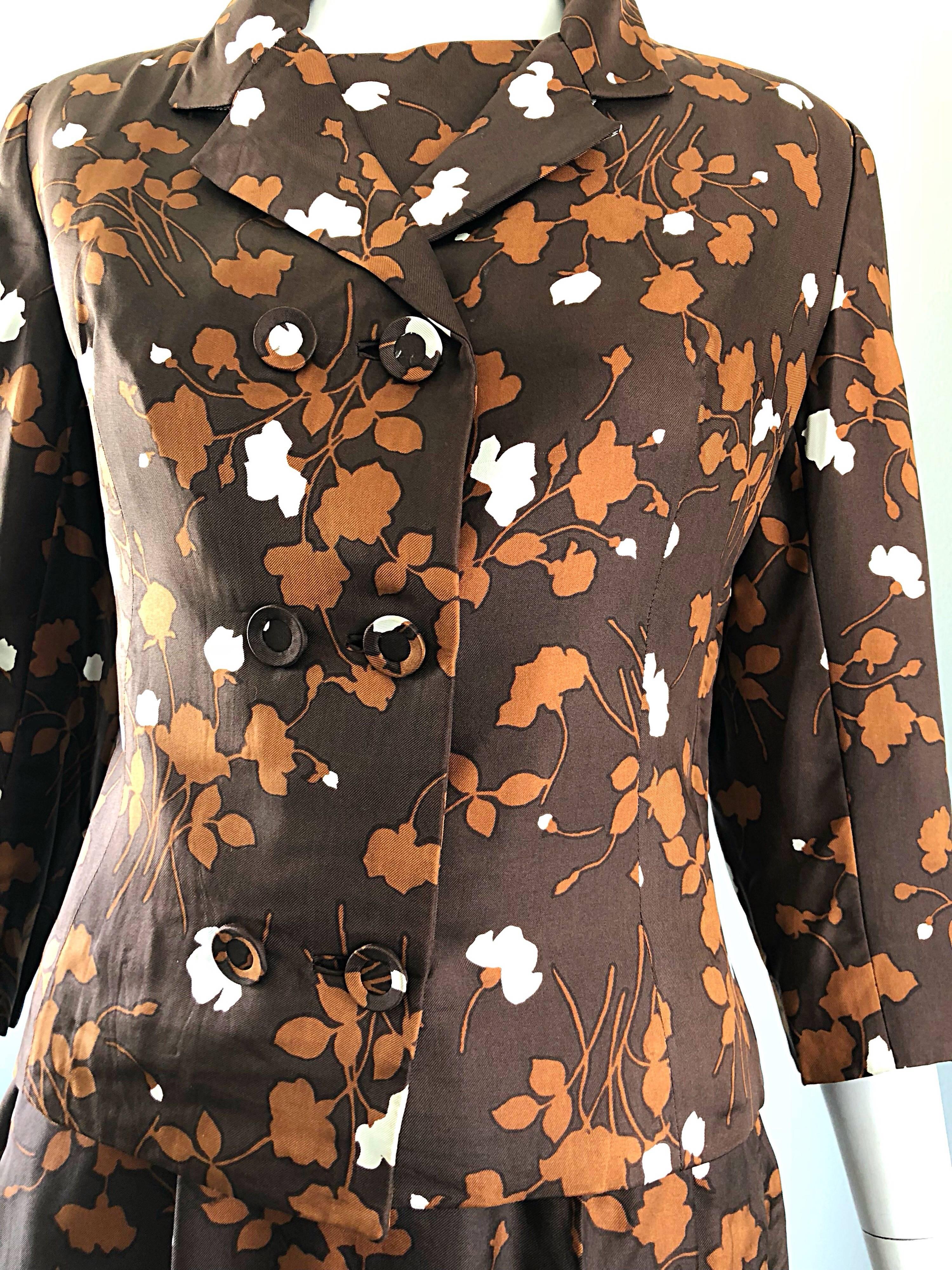 Women's 1960s Brown + Rust Chic Silk Dress and 3/4 Sleeves Jacket Vintage 60s Suit Set For Sale