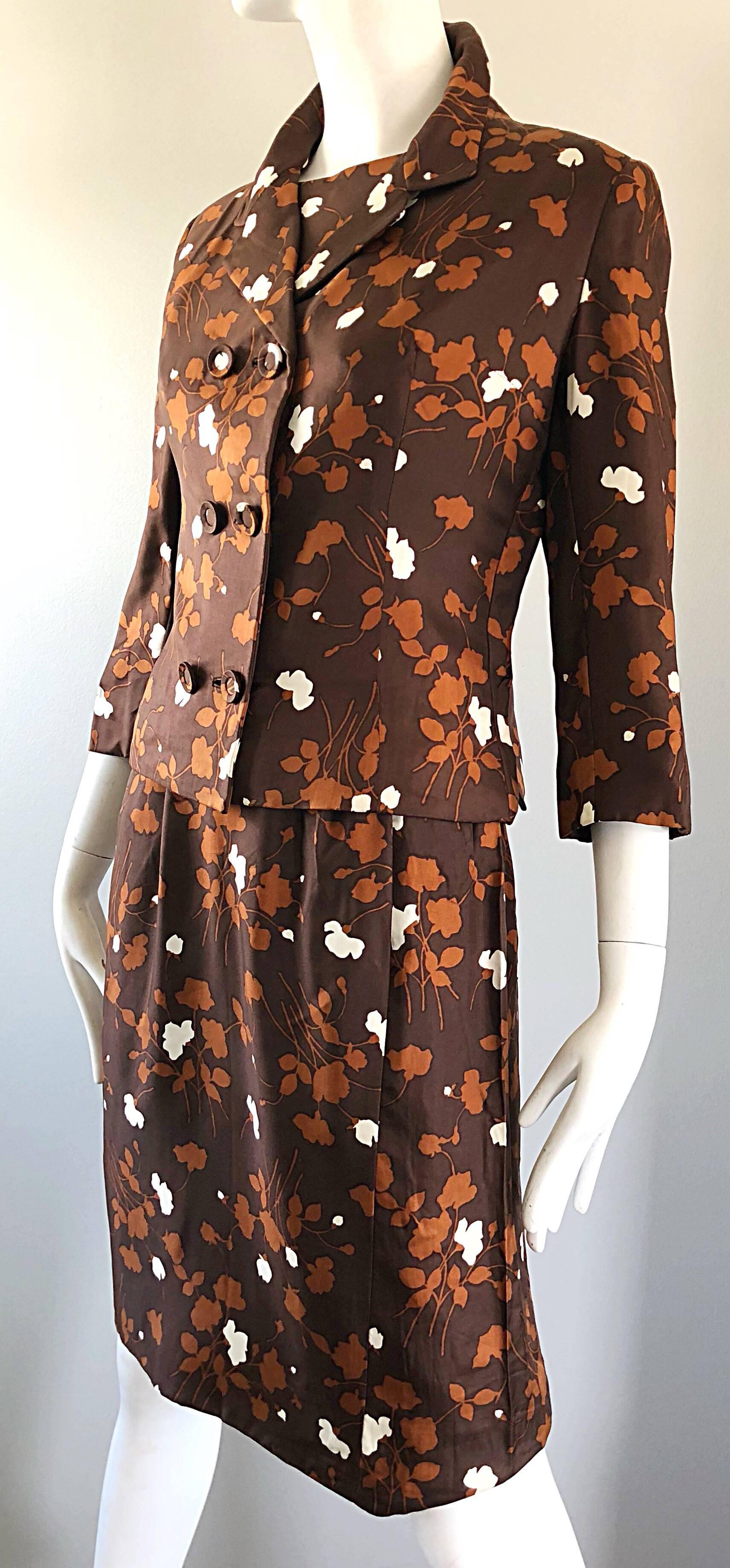 1960s Brown + Rust Chic Silk Dress and 3/4 Sleeves Jacket Vintage 60s Suit Set For Sale 2