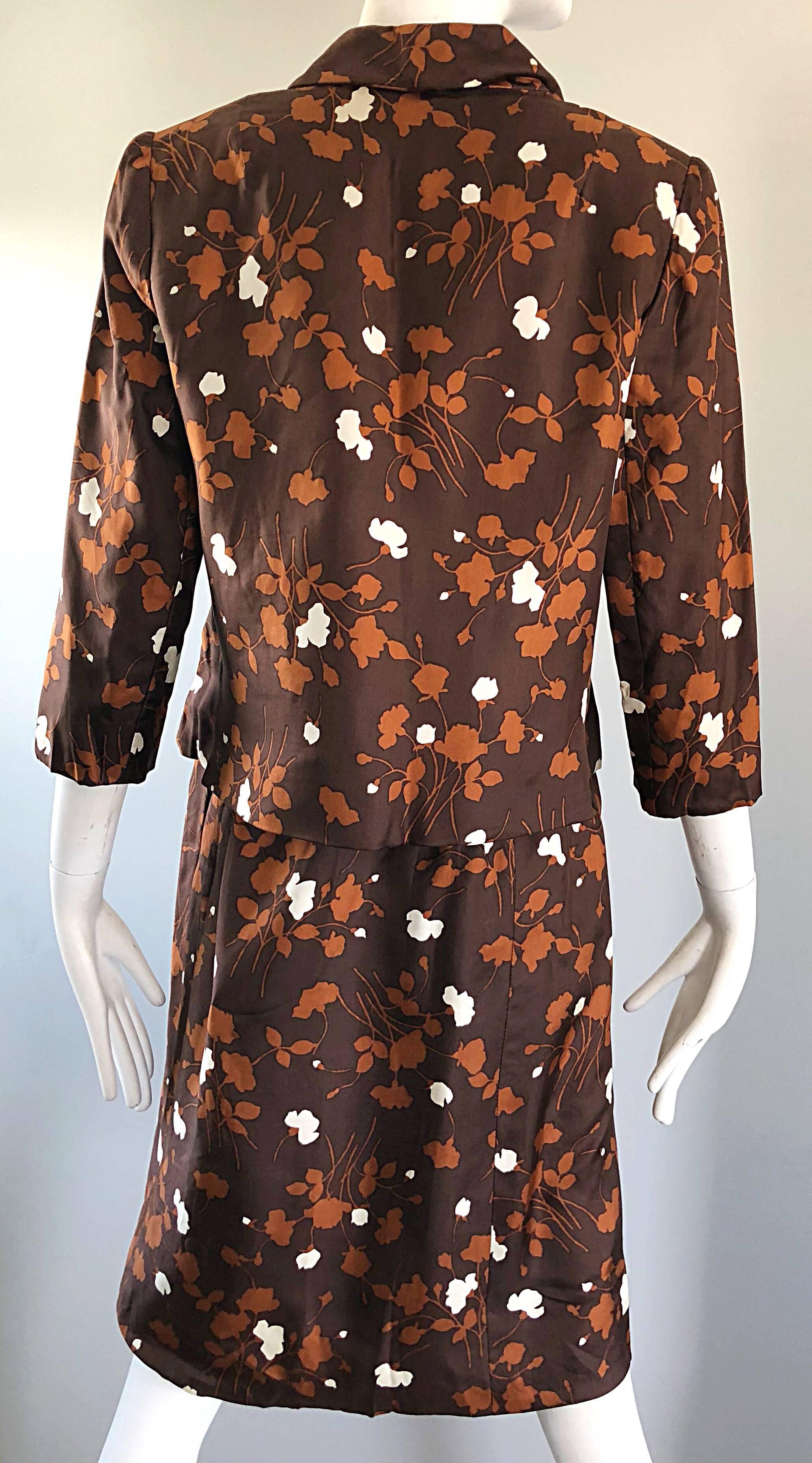 1960s Brown + Rust Chic Silk Dress and 3/4 Sleeves Jacket Vintage 60s Suit Set For Sale 3