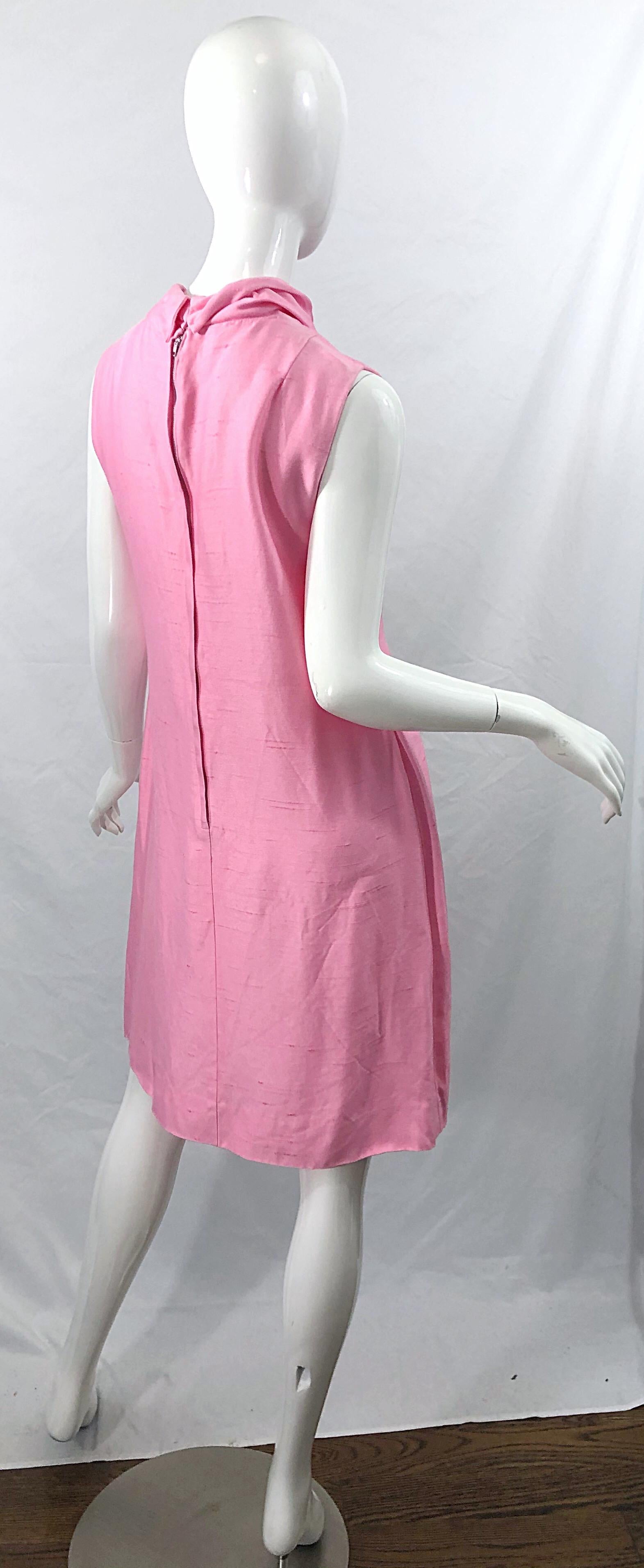 Chic 1960s Bubblegum Pink Jackie O Style Vintage 60s Raw Silk Bow Dress For Sale 4