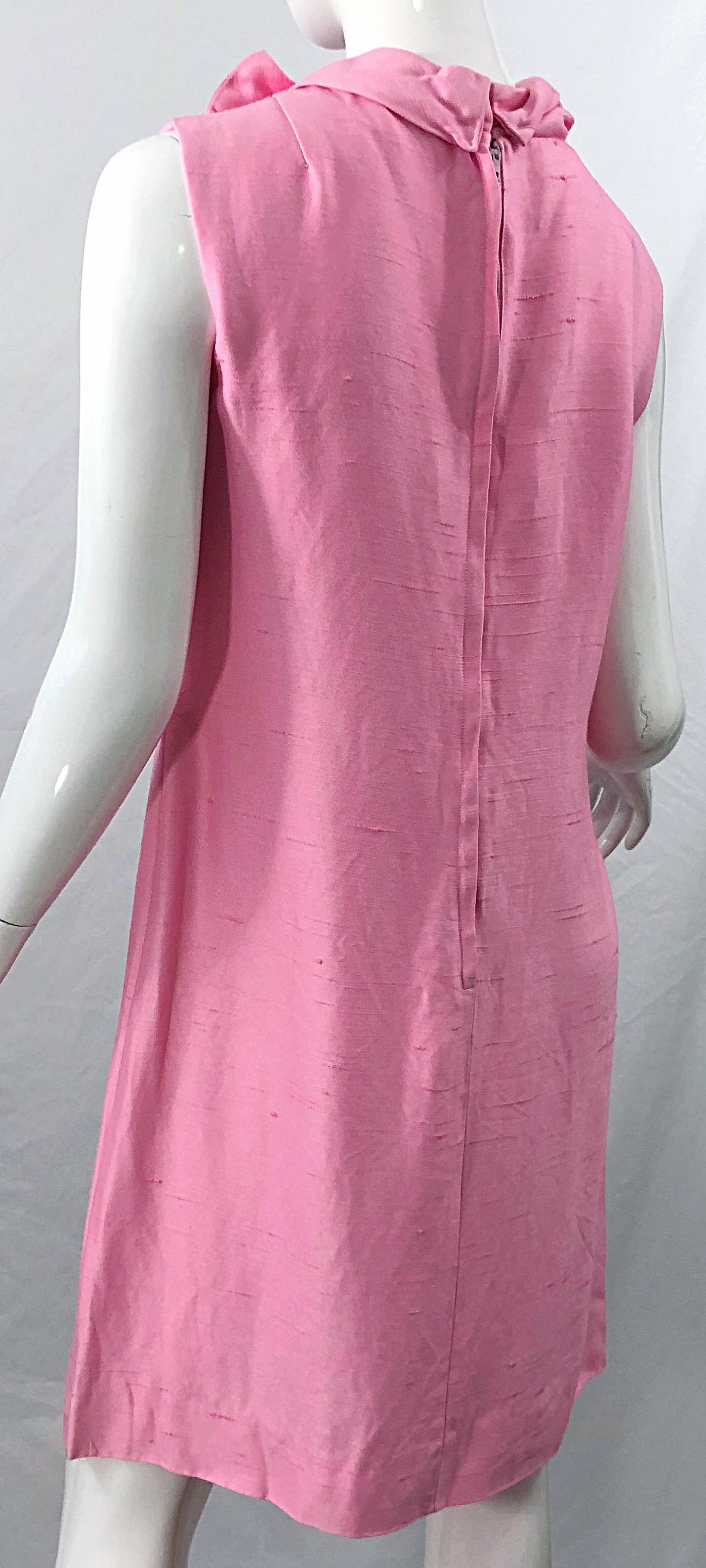 Chic 1960s Bubblegum Pink Jackie O Style Vintage 60s Raw Silk Bow Dress For Sale 5