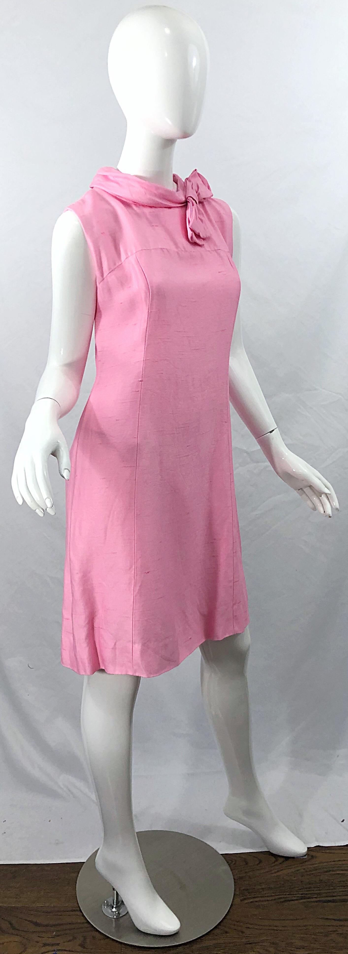 Chic 1960s Bubblegum Pink Jackie O Style Vintage 60s Raw Silk Bow Dress For Sale 1
