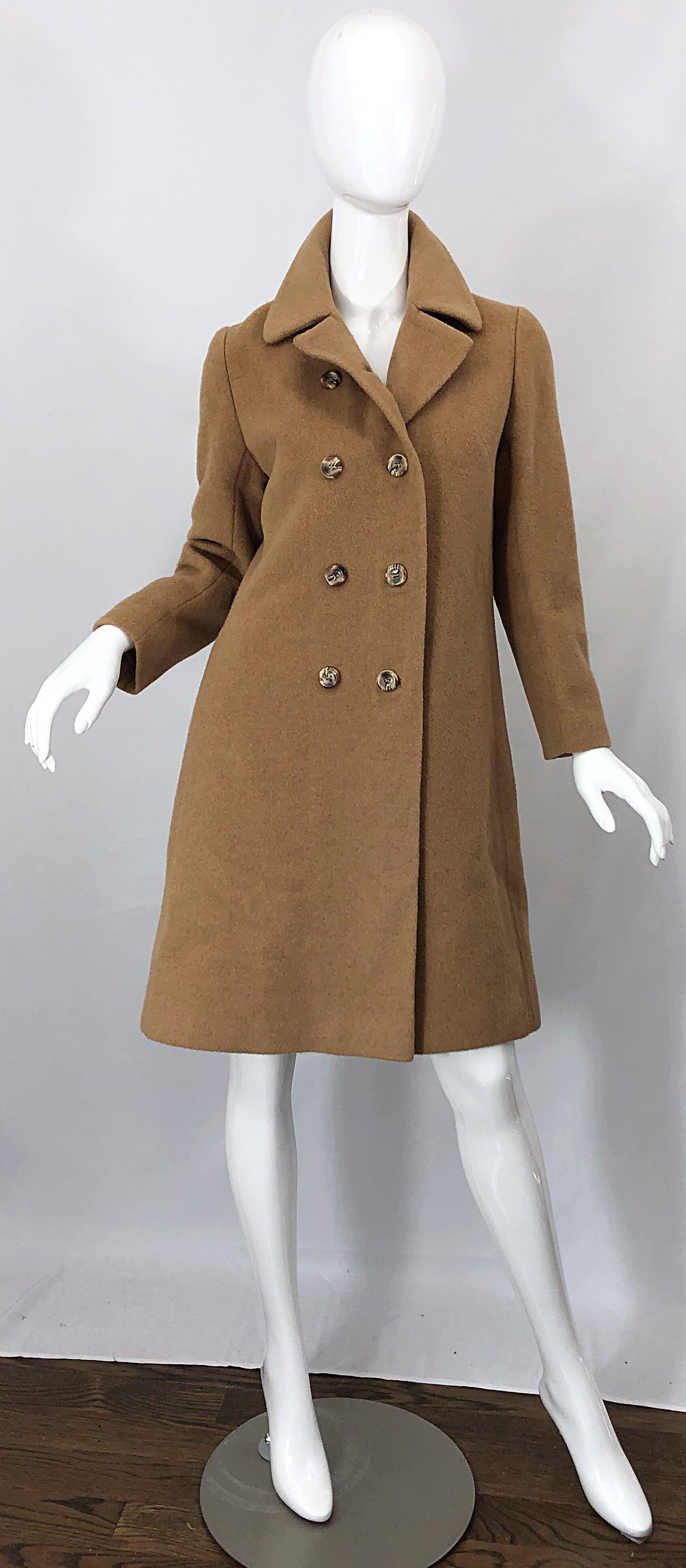 Chic 1960s Camel Tan Camels Hair Wool Double Breasted Vintage Swing Jacket Coat 6