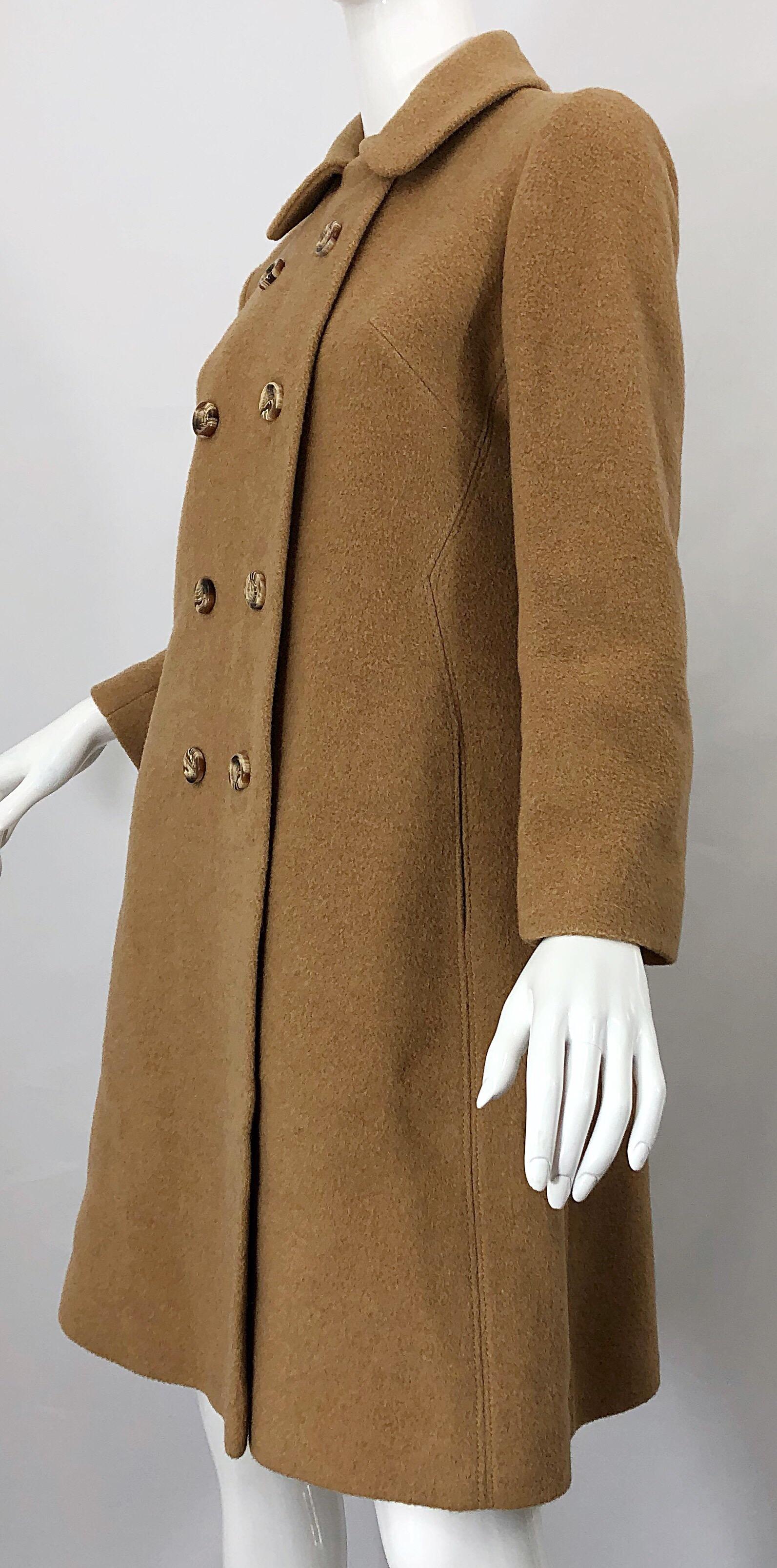 Chic 1960s Camel Tan Camels Hair Wool Double Breasted Vintage Swing Jacket Coat 7