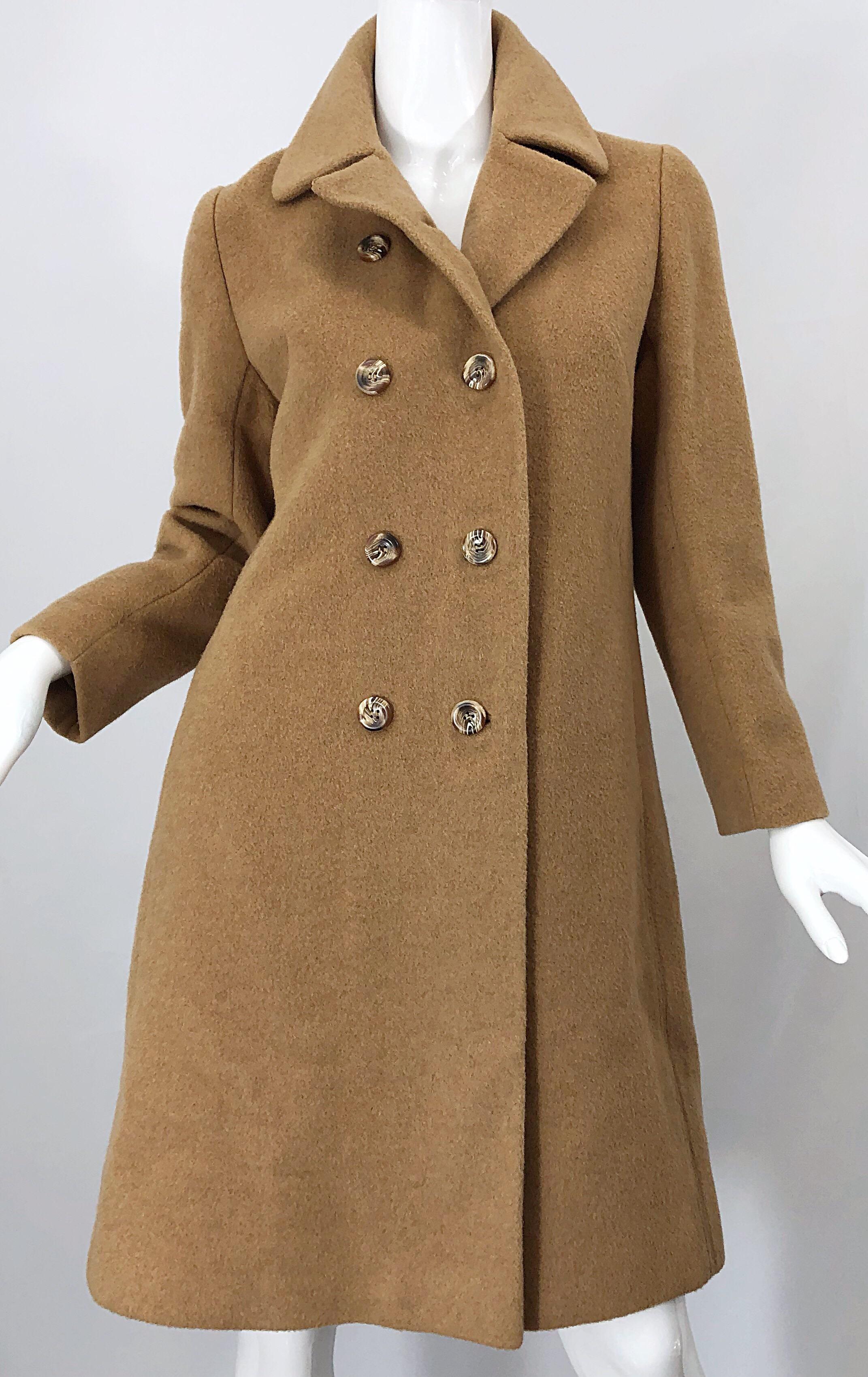 Chic 1960s Camel Tan Camels Hair Wool Double Breasted Vintage Swing Jacket Coat 9