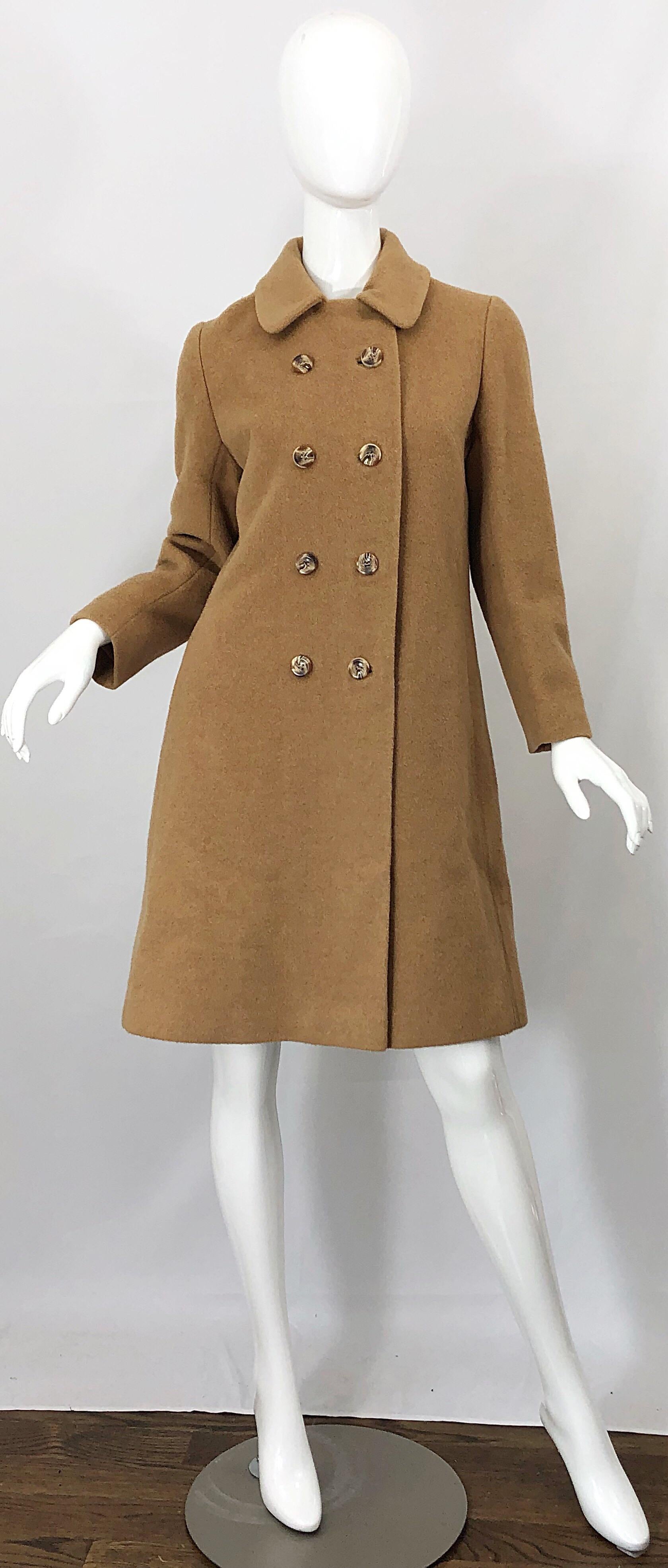 Chic 1960s Camel Tan Camels Hair Wool Double Breasted Vintage Swing Jacket Coat 10