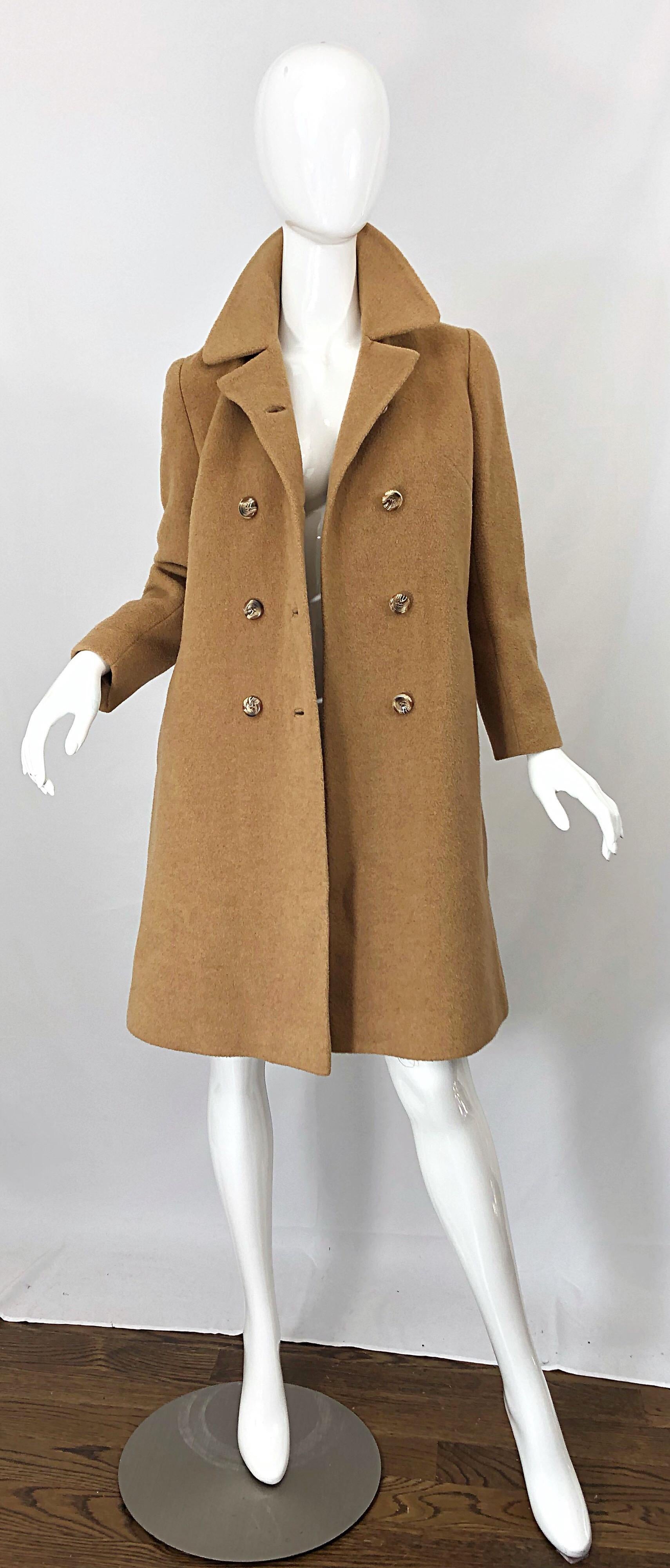 Brown Chic 1960s Camel Tan Camels Hair Wool Double Breasted Vintage Swing Jacket Coat