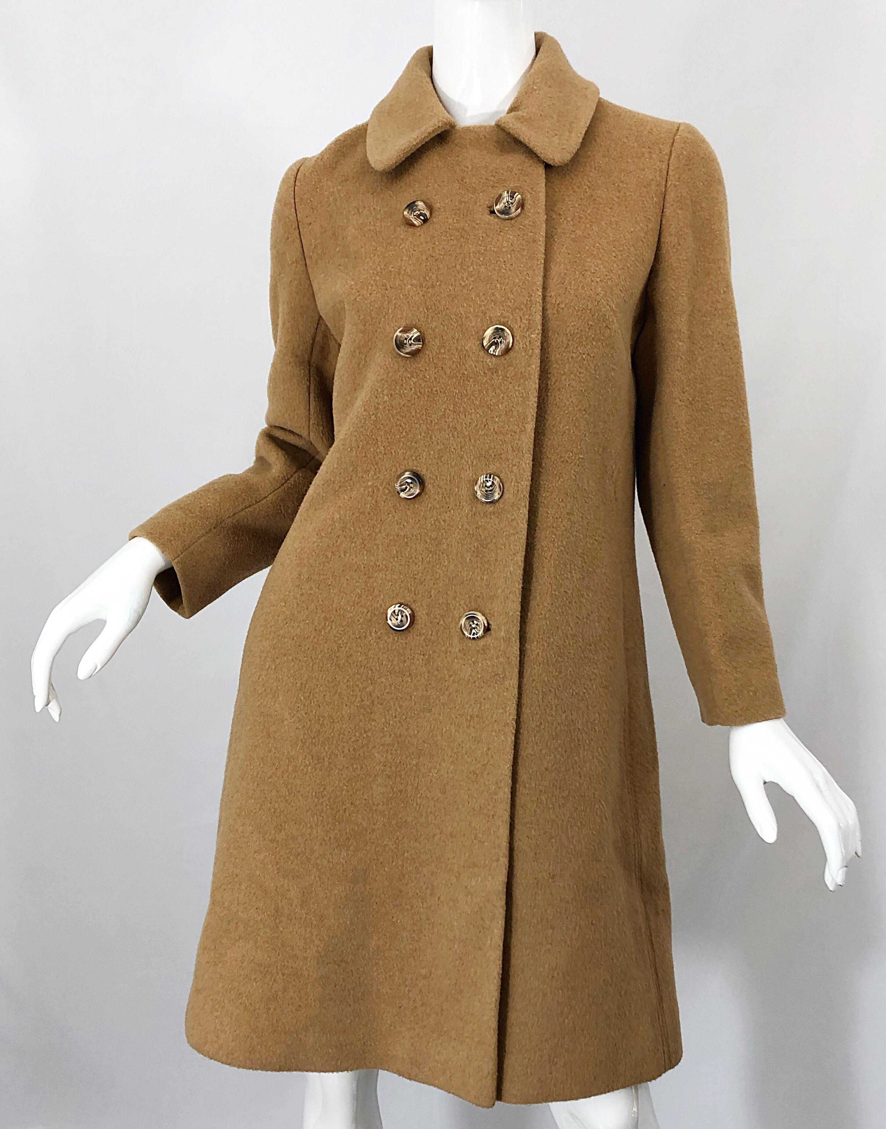 Chic 1960s Camel Tan Camels Hair Wool Double Breasted Vintage Swing Jacket Coat 1