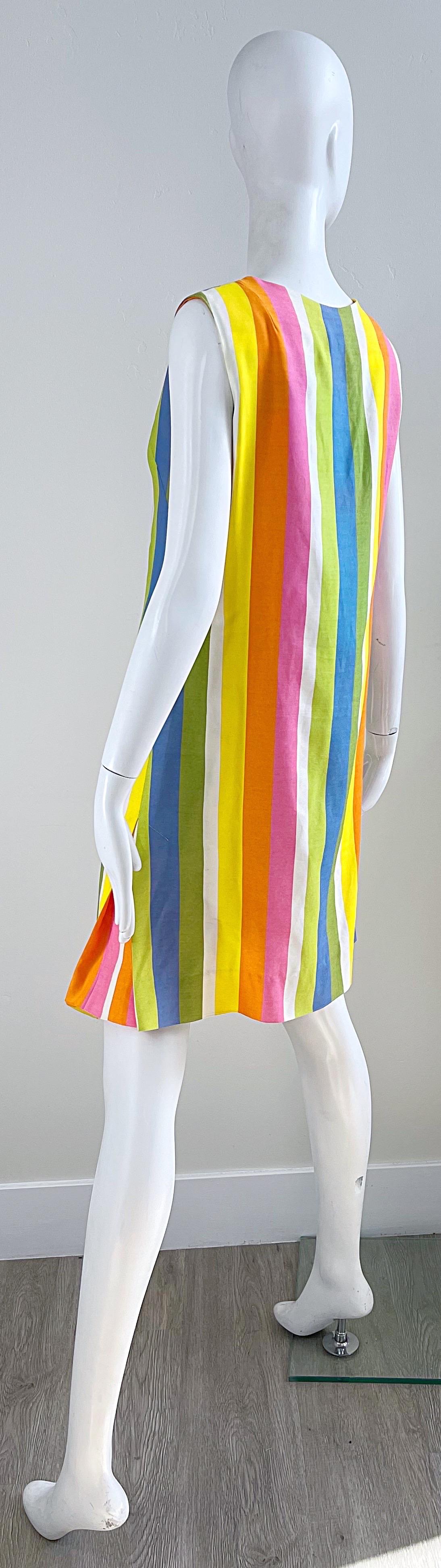 Chic 1960s Colorful Striped Linen Blend Vintage 60s Mod Shift Dress 6