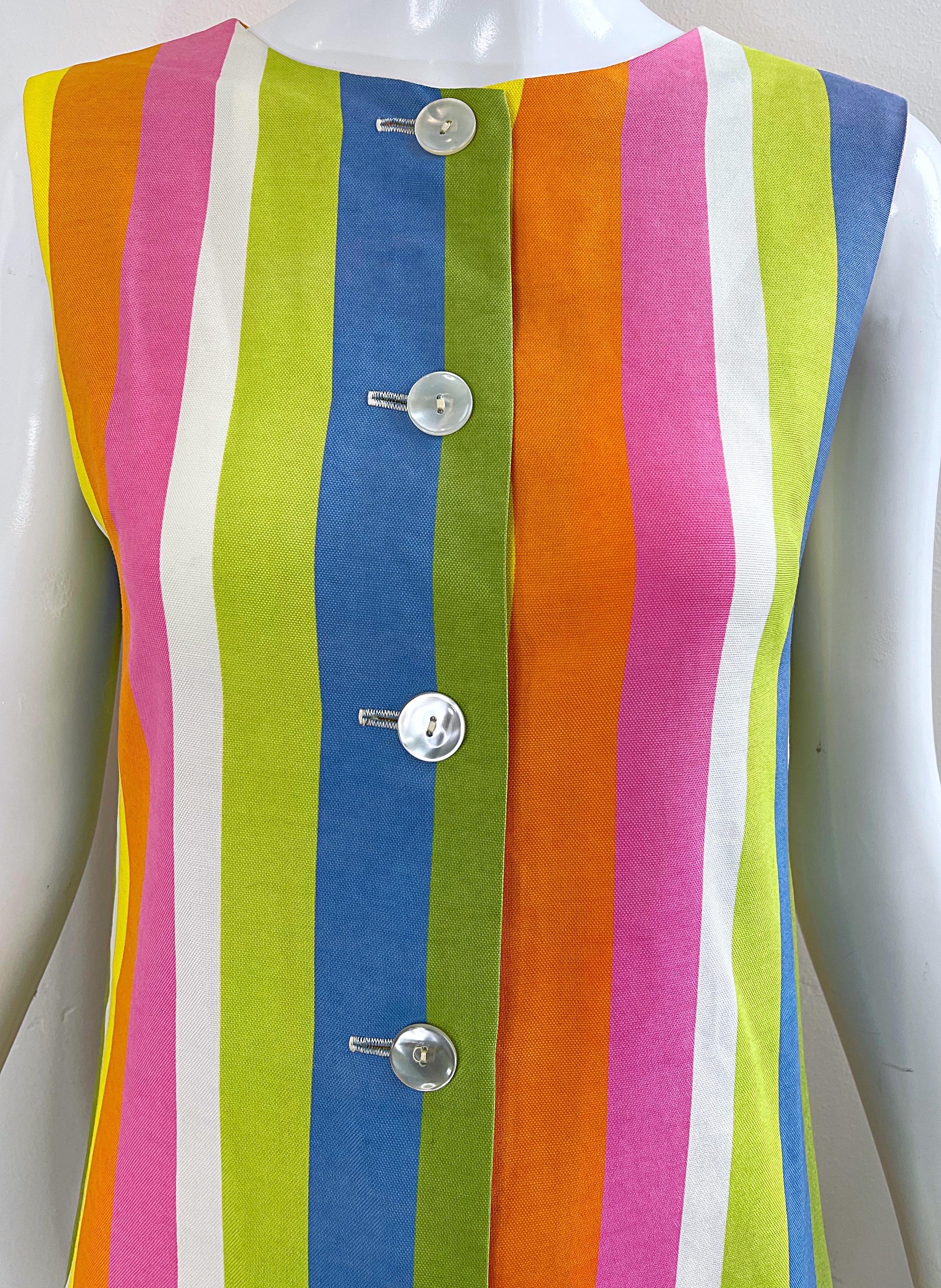 Chic 1960s Colorful Striped Linen Blend Vintage 60s Mod Shift Dress 7