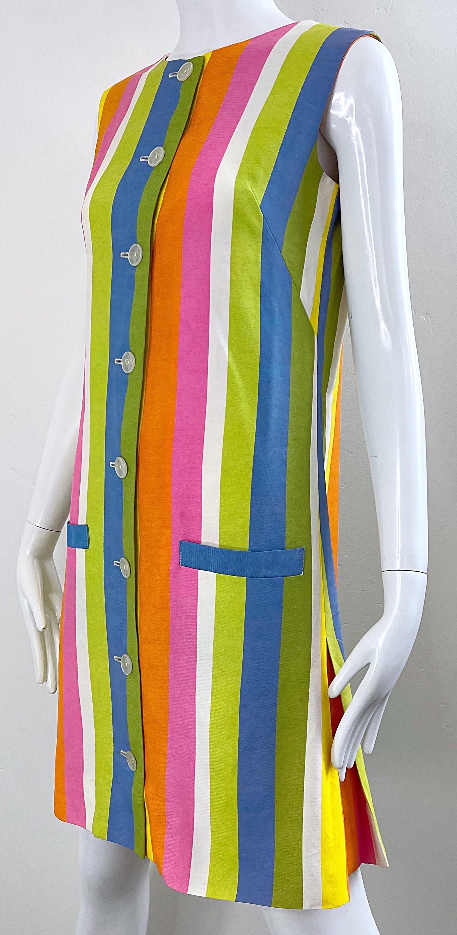 Chic 1960s Colorful Striped Linen Blend Vintage 60s Mod Shift Dress 8