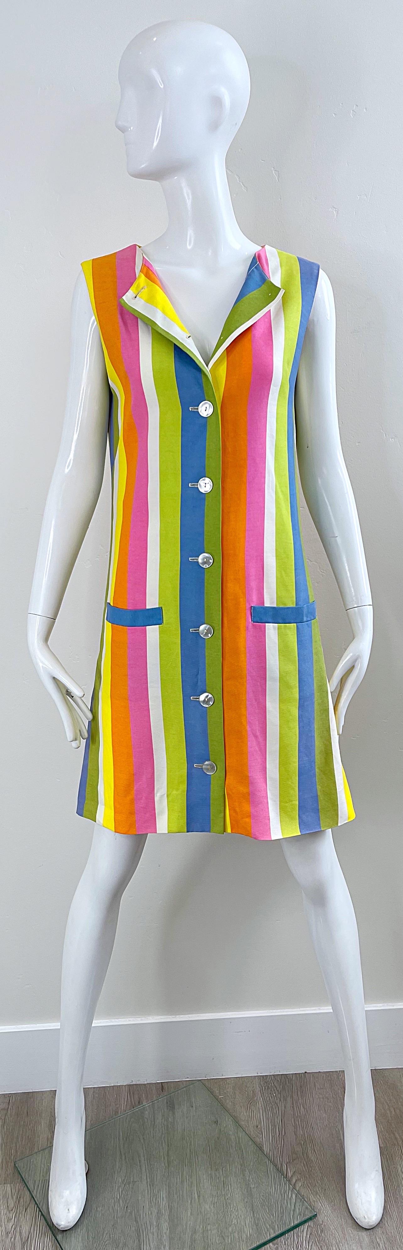 Chic 1960s Colorful Striped Linen Blend Vintage 60s Mod Shift Dress 9