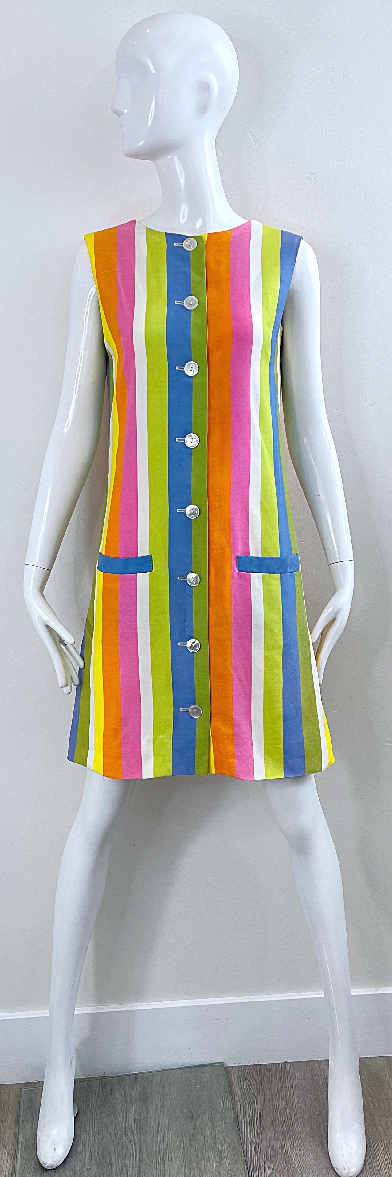 Chic 1960s Colorful Striped Linen Blend Vintage 60s Mod Shift Dress 10