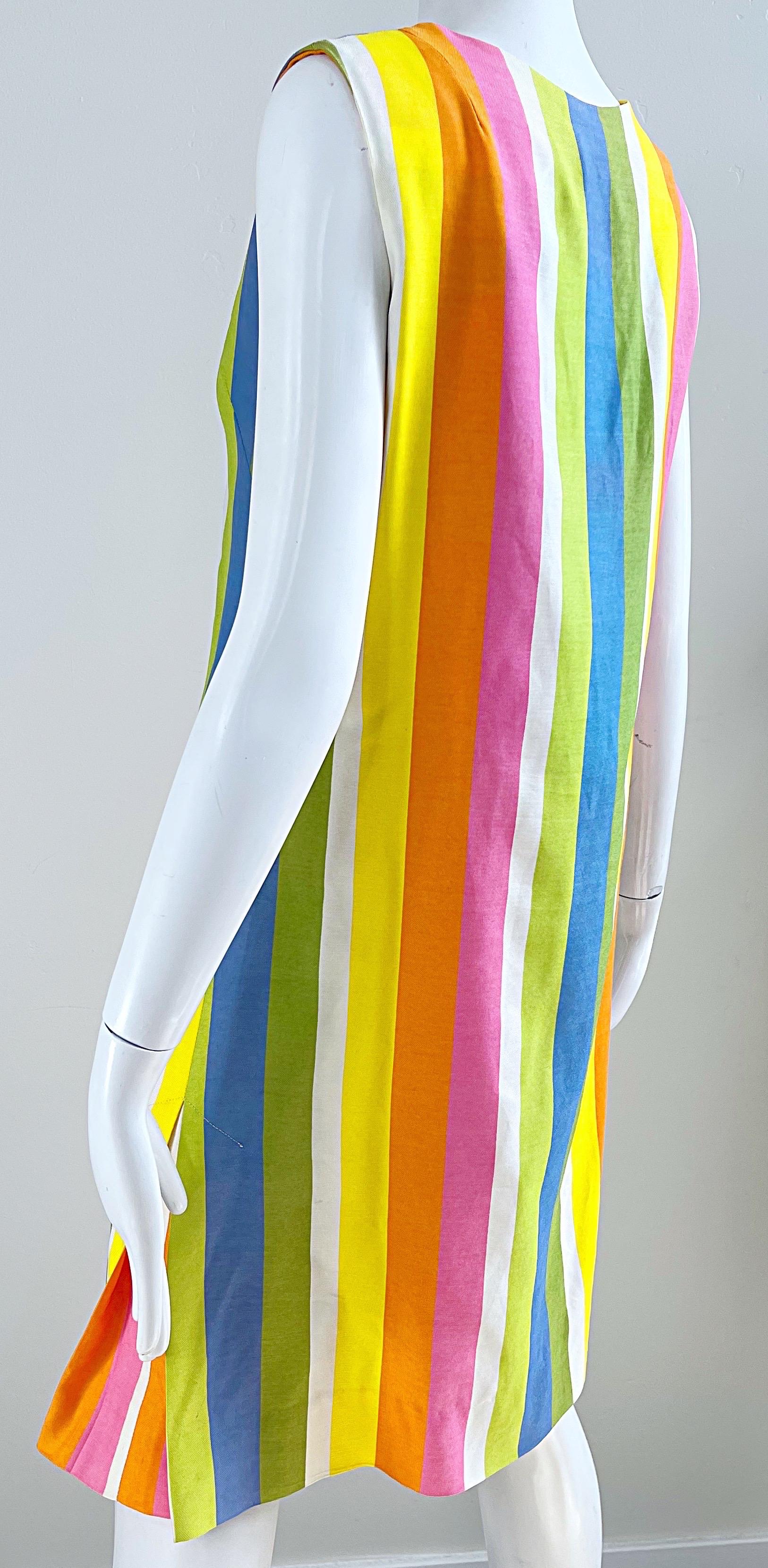 Chic 1960s Colorful Striped Linen Blend Vintage 60s Mod Shift Dress In Excellent Condition In San Diego, CA