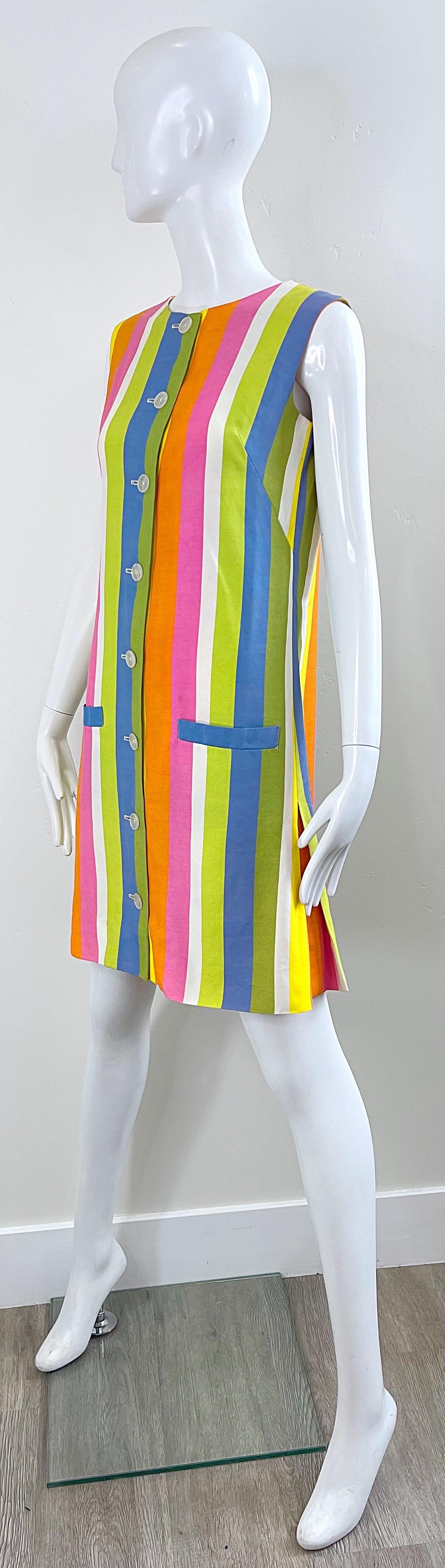 Women's Chic 1960s Colorful Striped Linen Blend Vintage 60s Mod Shift Dress