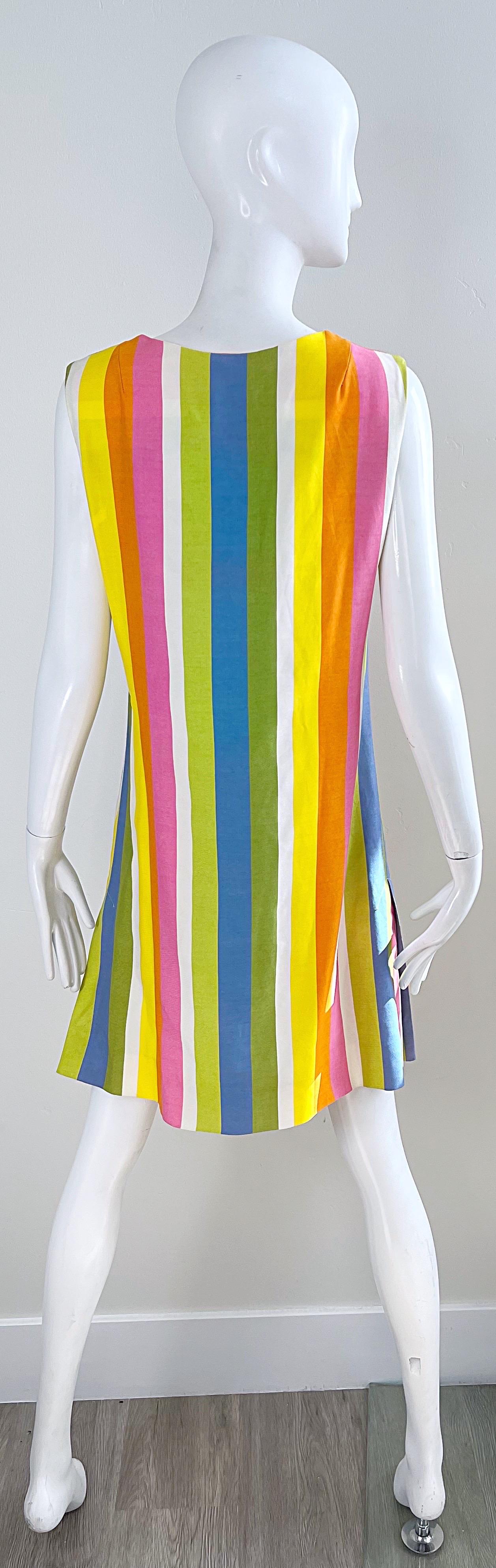 Chic 1960s Colorful Striped Linen Blend Vintage 60s Mod Shift Dress 1