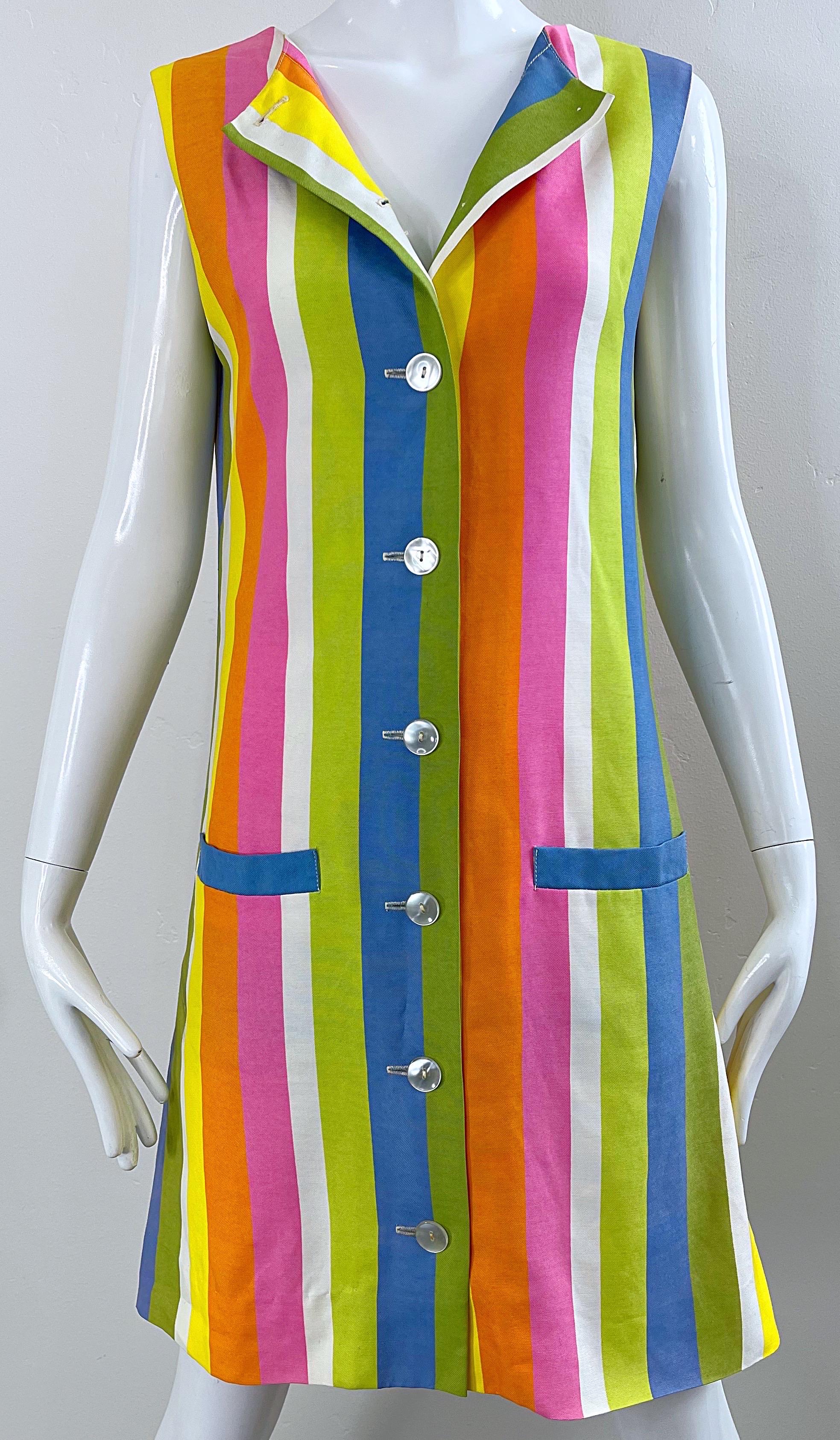Chic 1960s Colorful Striped Linen Blend Vintage 60s Mod Shift Dress 2