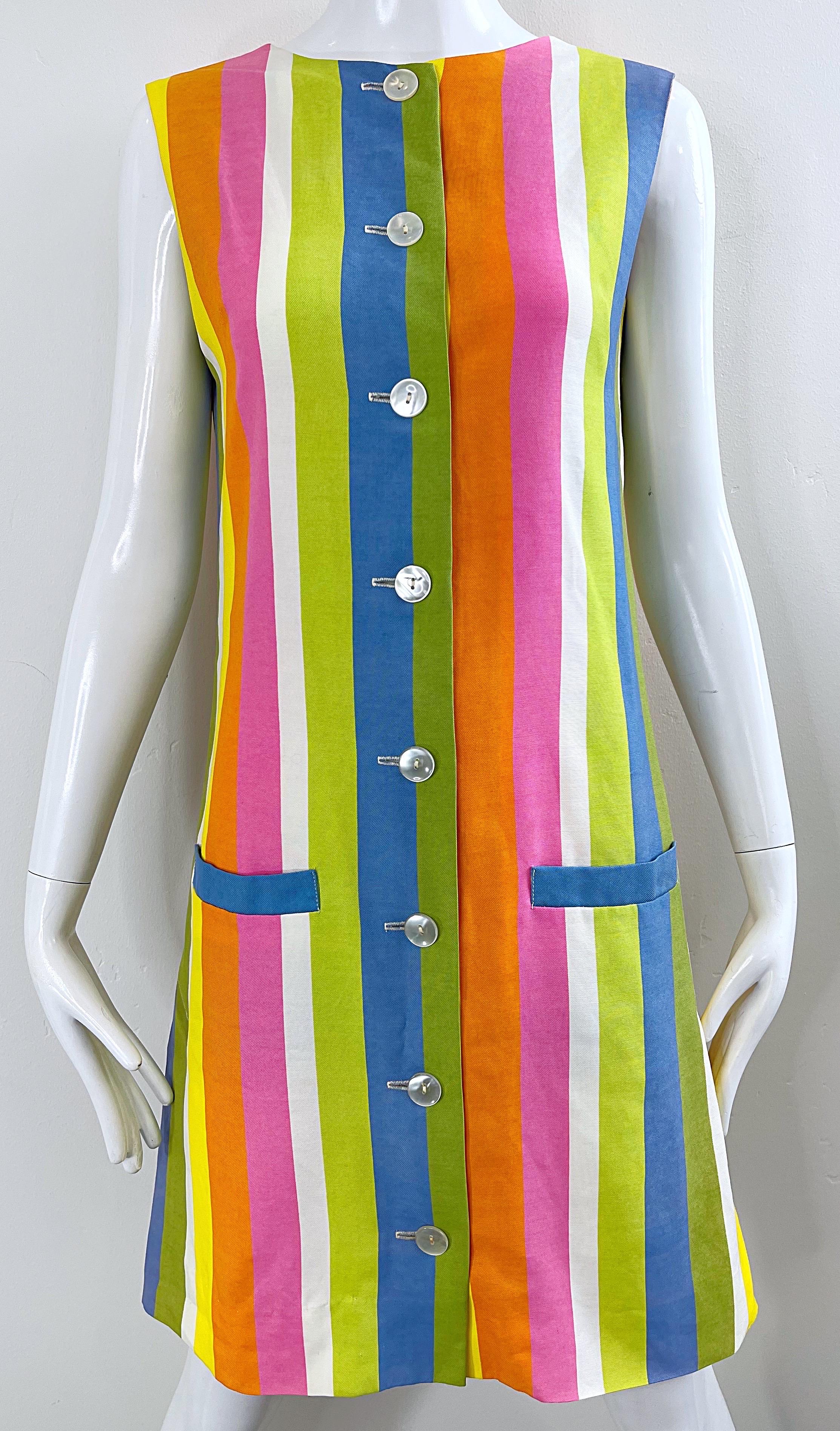 Chic 1960s Colorful Striped Linen Blend Vintage 60s Mod Shift Dress 3