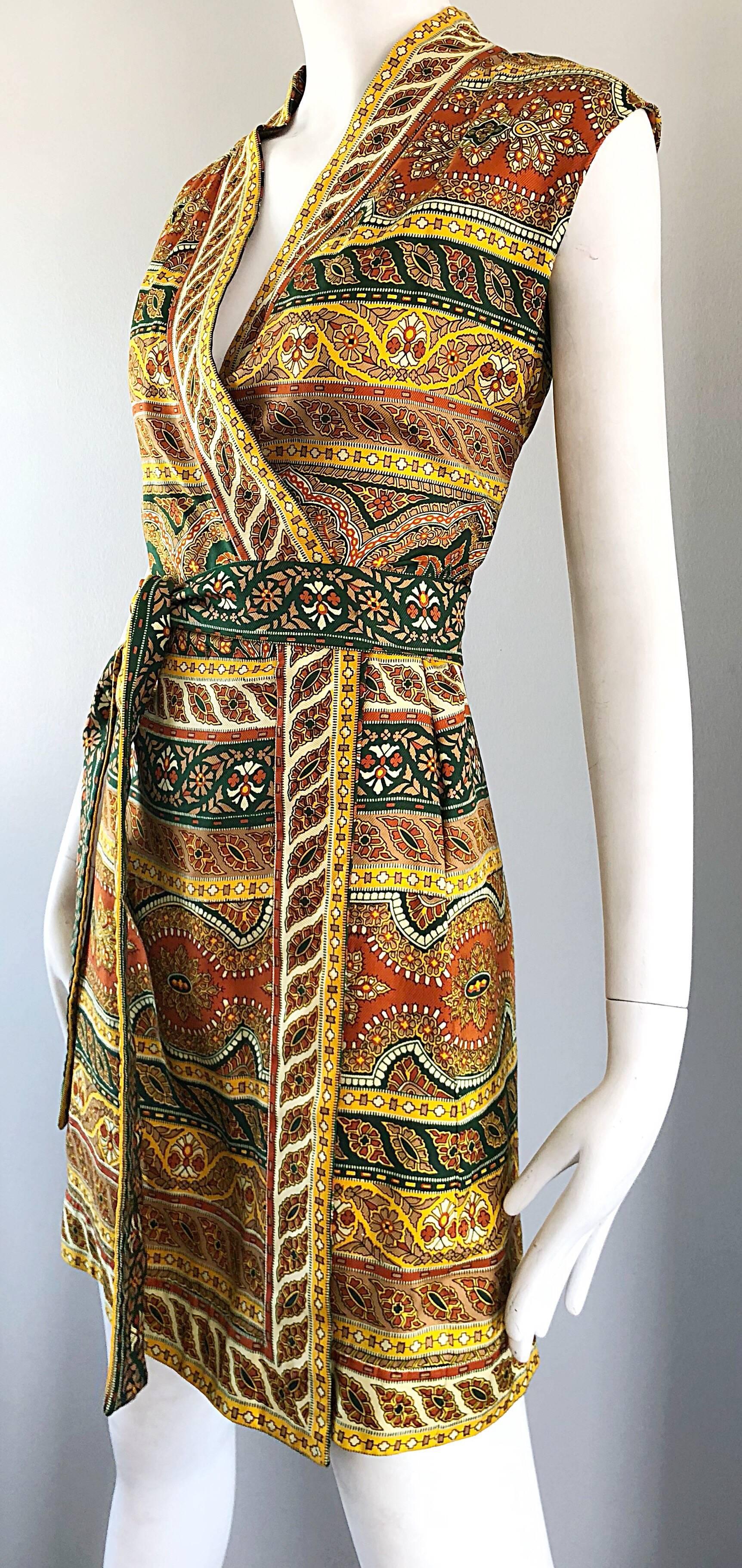 Chic 1960s Donald Brooks Batik Ethnic Print Vintage 60s Silk Wrap Dress + Belt 4