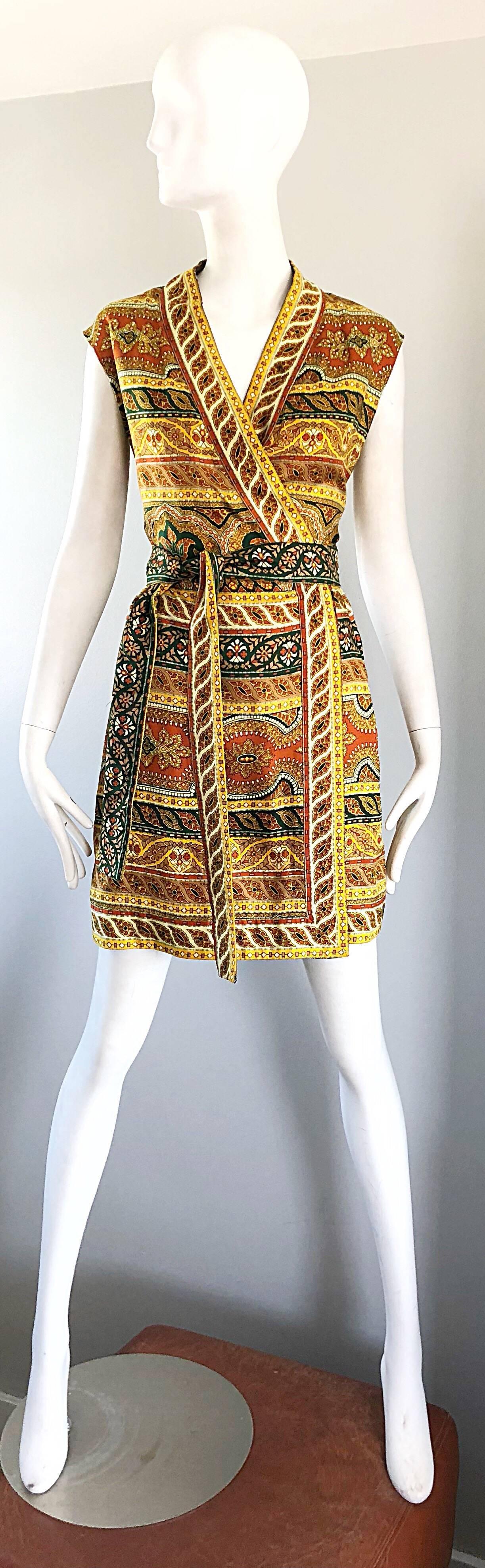 Chic 1960s Donald Brooks Batik Ethnic Print Vintage 60s Silk Wrap Dress + Belt 5