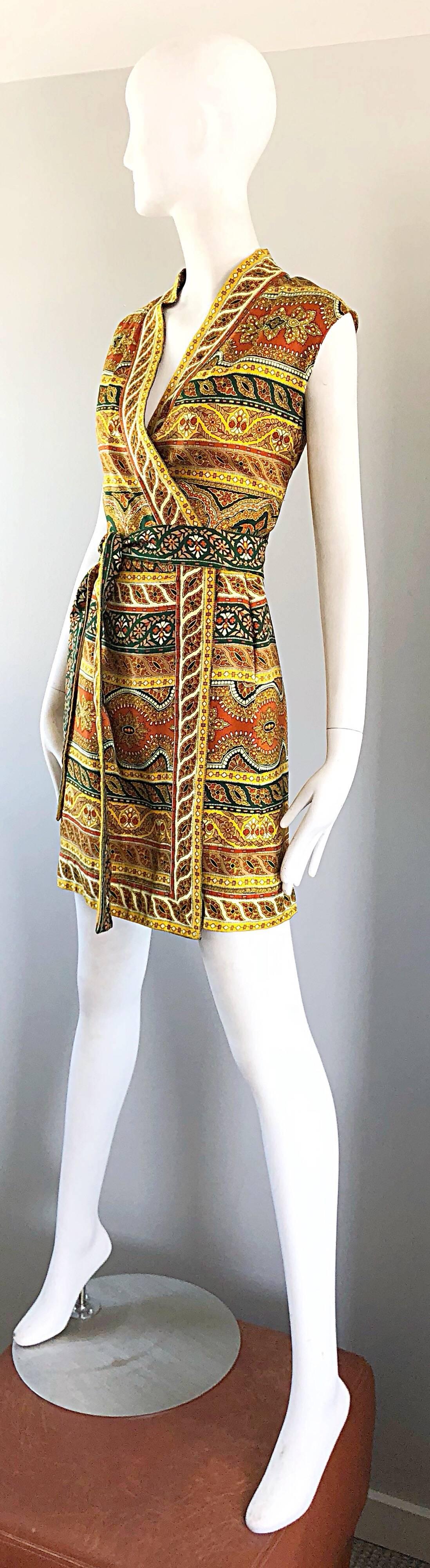 Chic 1960s Donald Brooks Batik Ethnic Print Vintage 60s Silk Wrap Dress + Belt 6