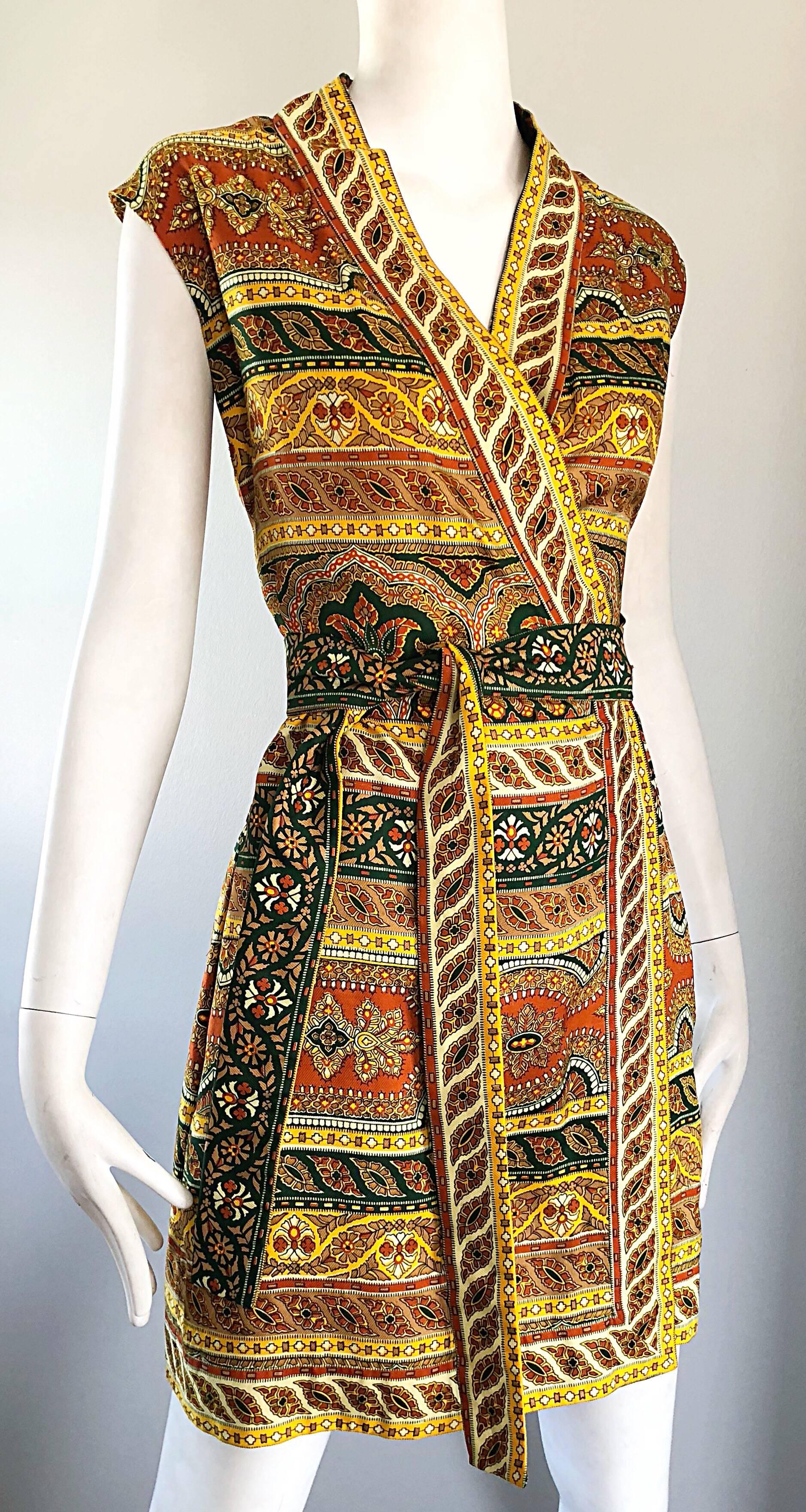 Chic 1960s Donald Brooks Batik Ethnic Print Vintage 60s Silk Wrap Dress + Belt 8