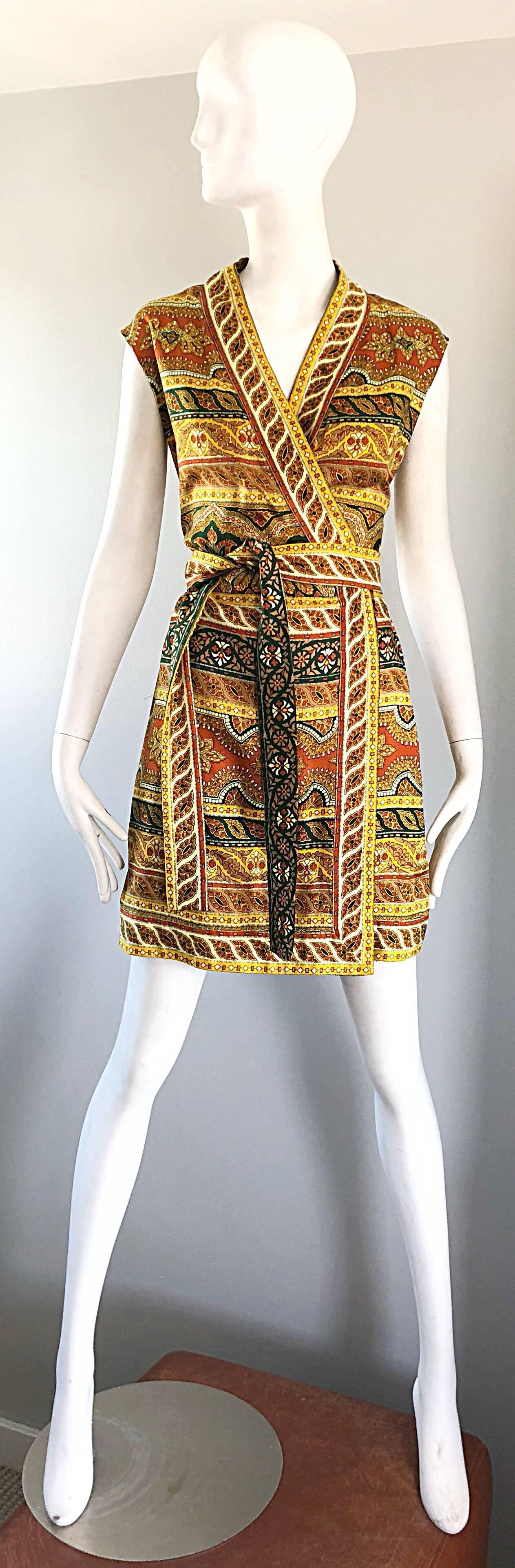 Chic 1960s Donald Brooks Batik Ethnic Print Vintage 60s Silk Wrap Dress + Belt 9