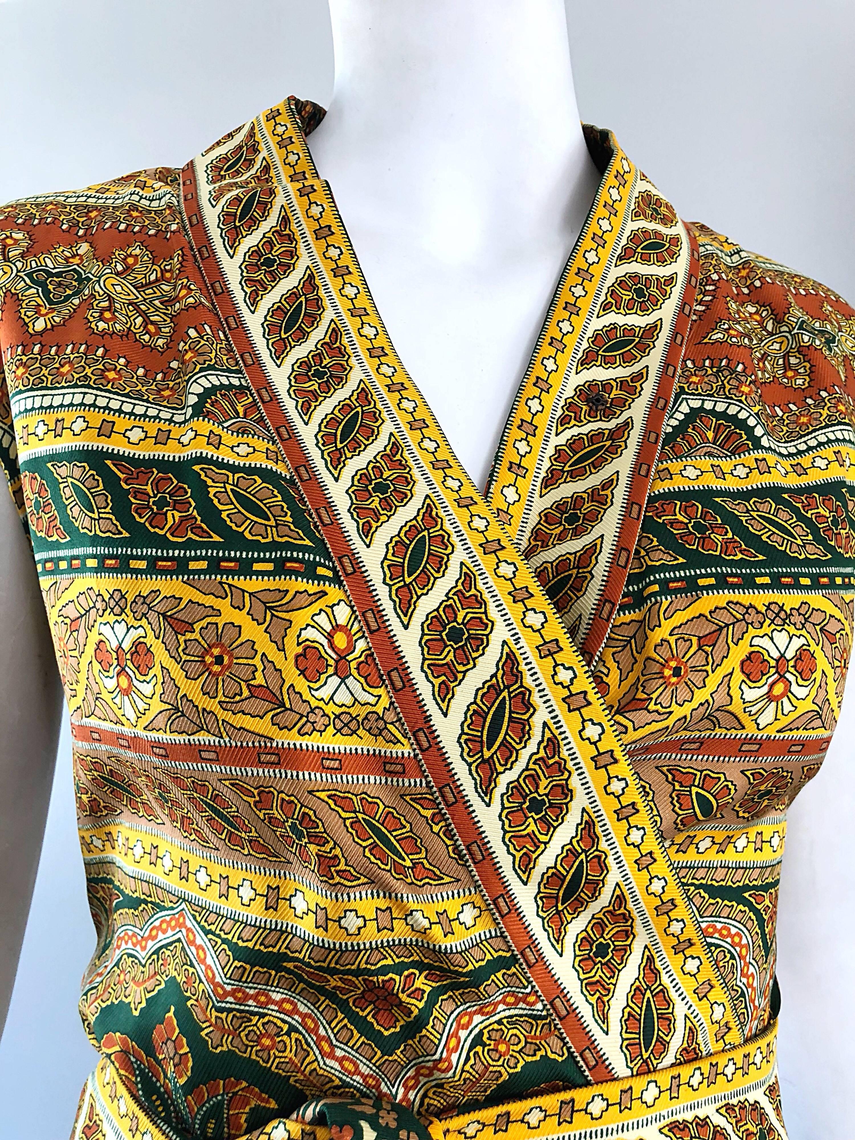 Brown Chic 1960s Donald Brooks Batik Ethnic Print Vintage 60s Silk Wrap Dress + Belt