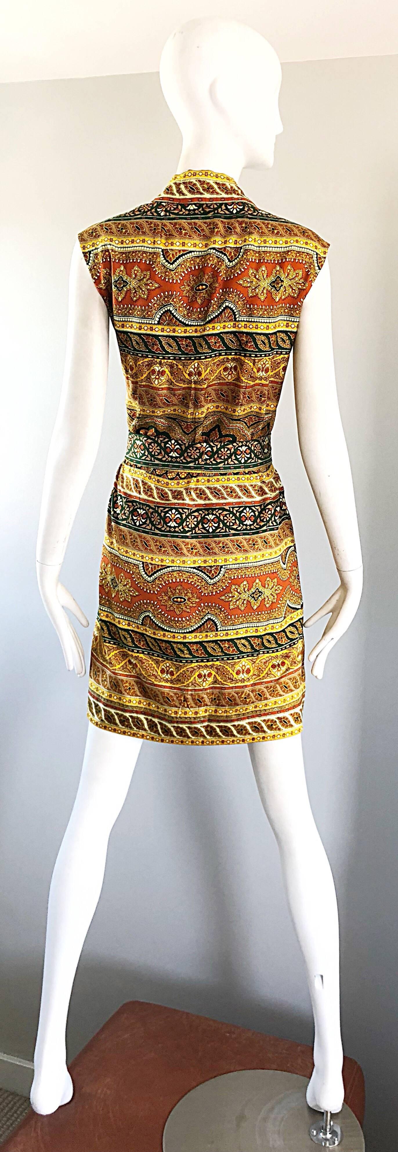 Chic 1960s Donald Brooks Batik Ethnic Print Vintage 60s Silk Wrap Dress + Belt In Excellent Condition In San Diego, CA