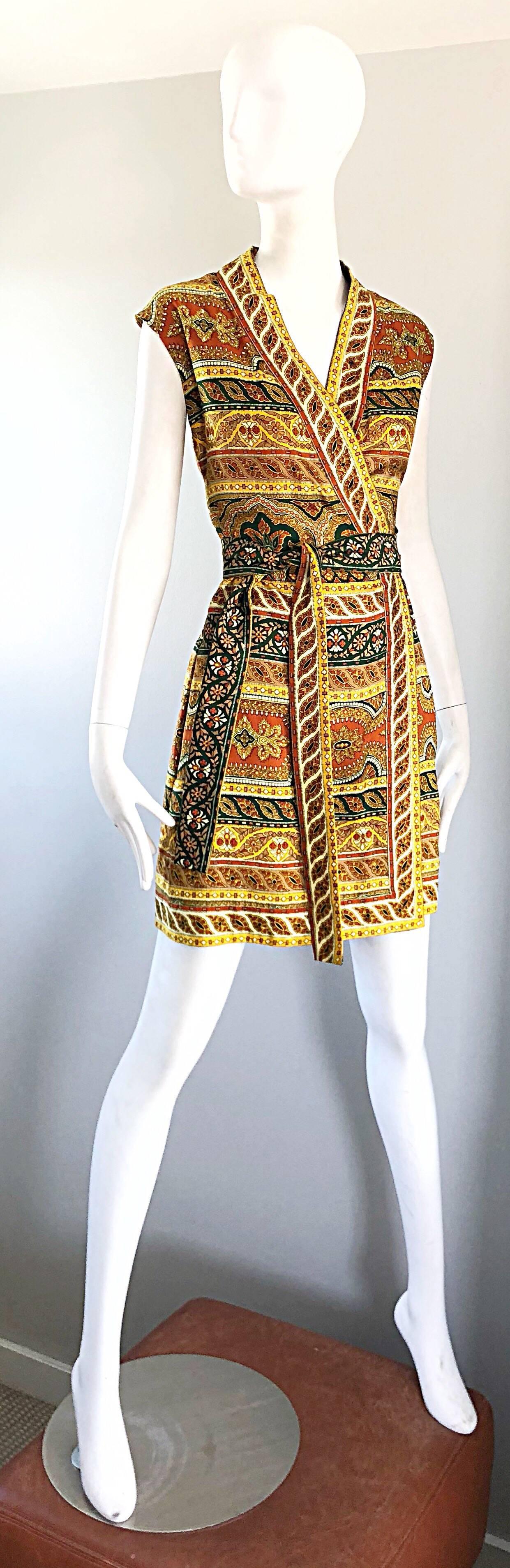 Women's Chic 1960s Donald Brooks Batik Ethnic Print Vintage 60s Silk Wrap Dress + Belt