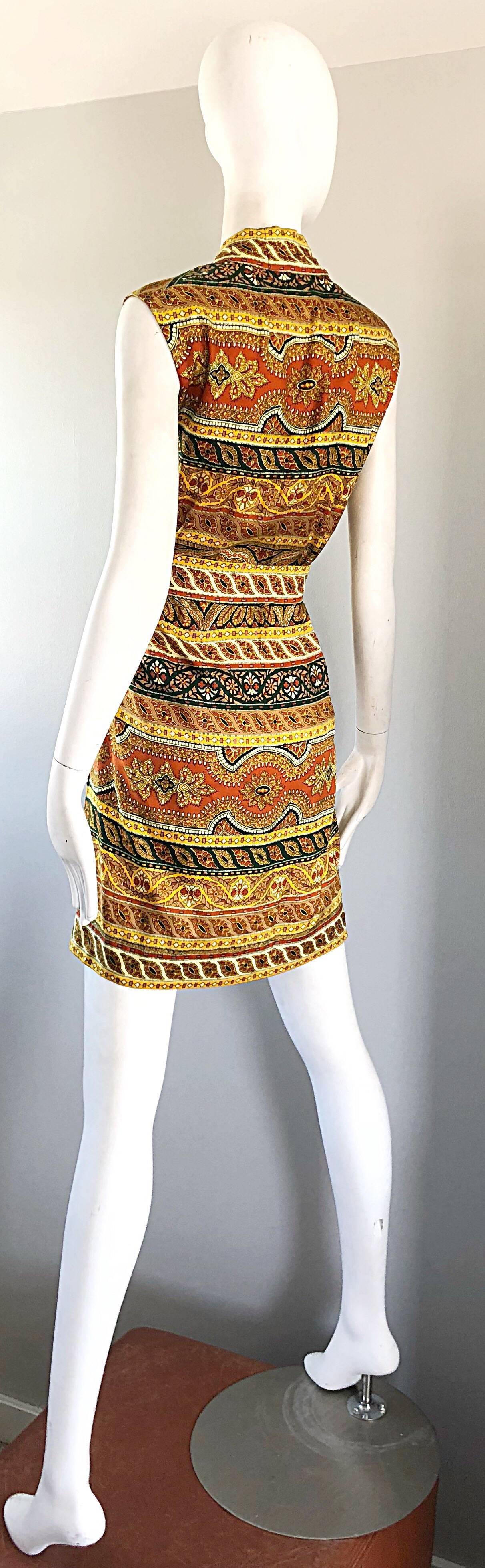 Chic 1960s Donald Brooks Batik Ethnic Print Vintage 60s Silk Wrap Dress + Belt 1