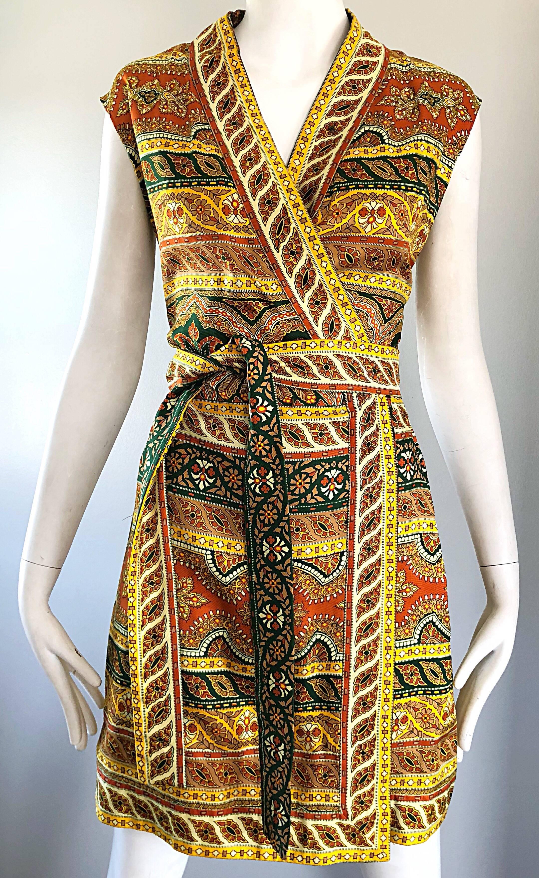 Chic 1960s Donald Brooks Batik Ethnic Print Vintage 60s Silk Wrap Dress + Belt 2